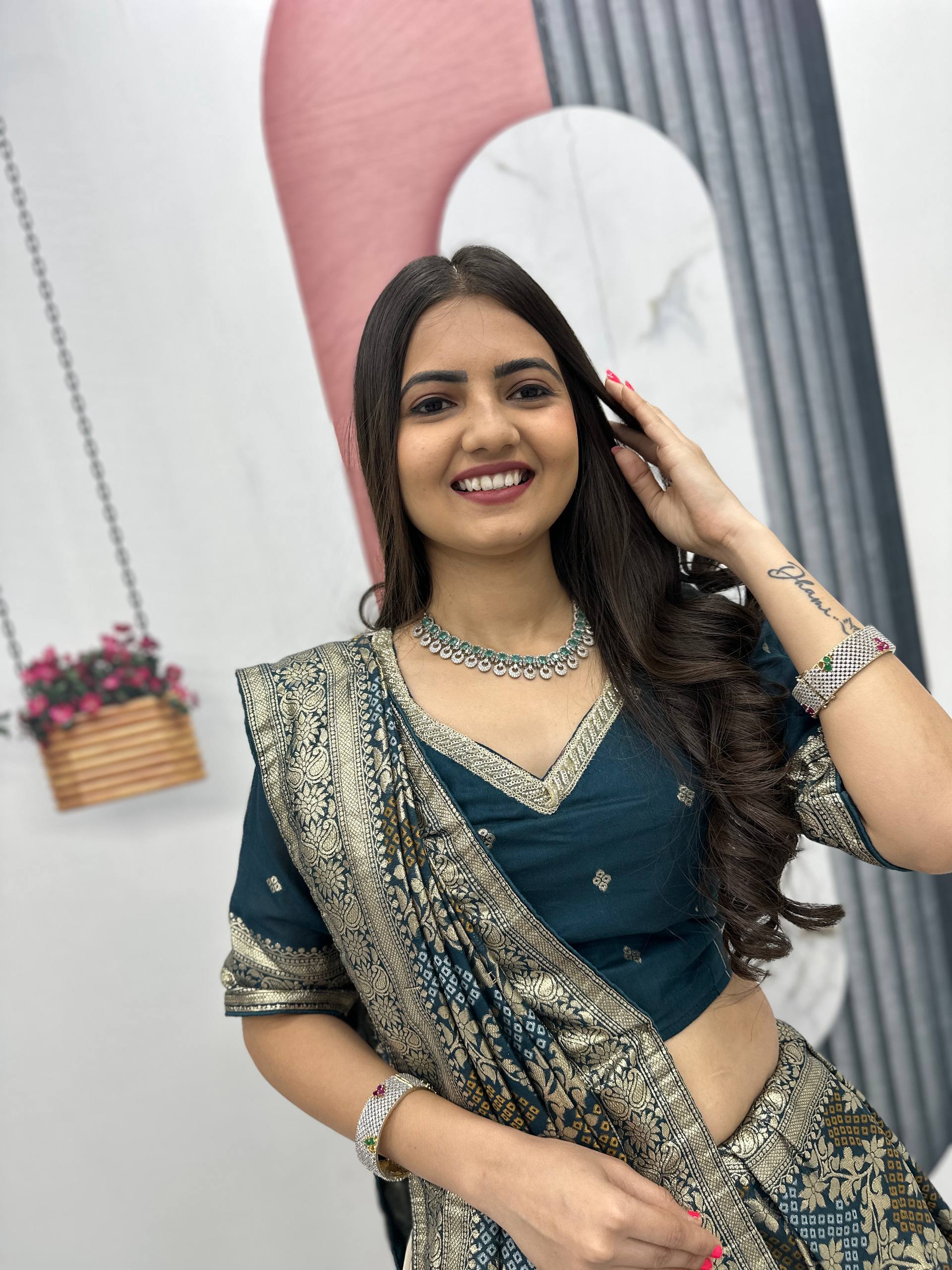 Lehenga Saree Set with Jacquard Silk Blouse and Pure Simar Silk Lehenga