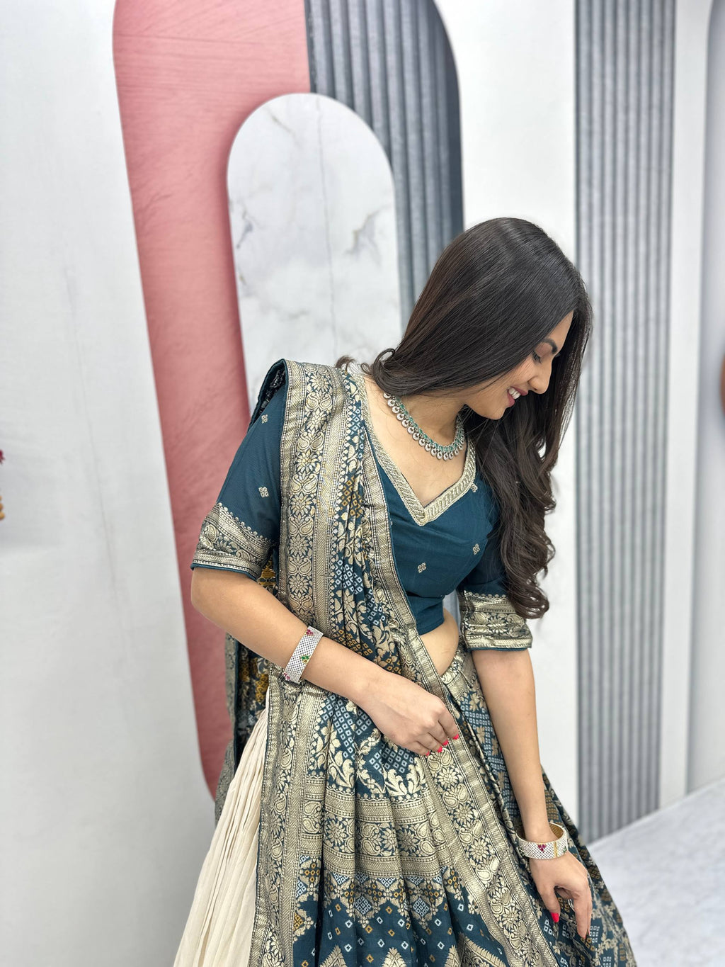 Lehenga Saree Set with Jacquard Silk Blouse and Pure Simar Silk Lehenga