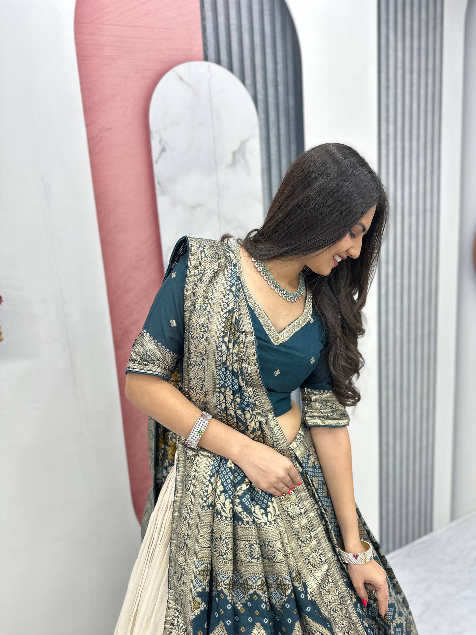 Lehenga Saree Set with Jacquard Silk Blouse and Pure Simar Silk Lehenga