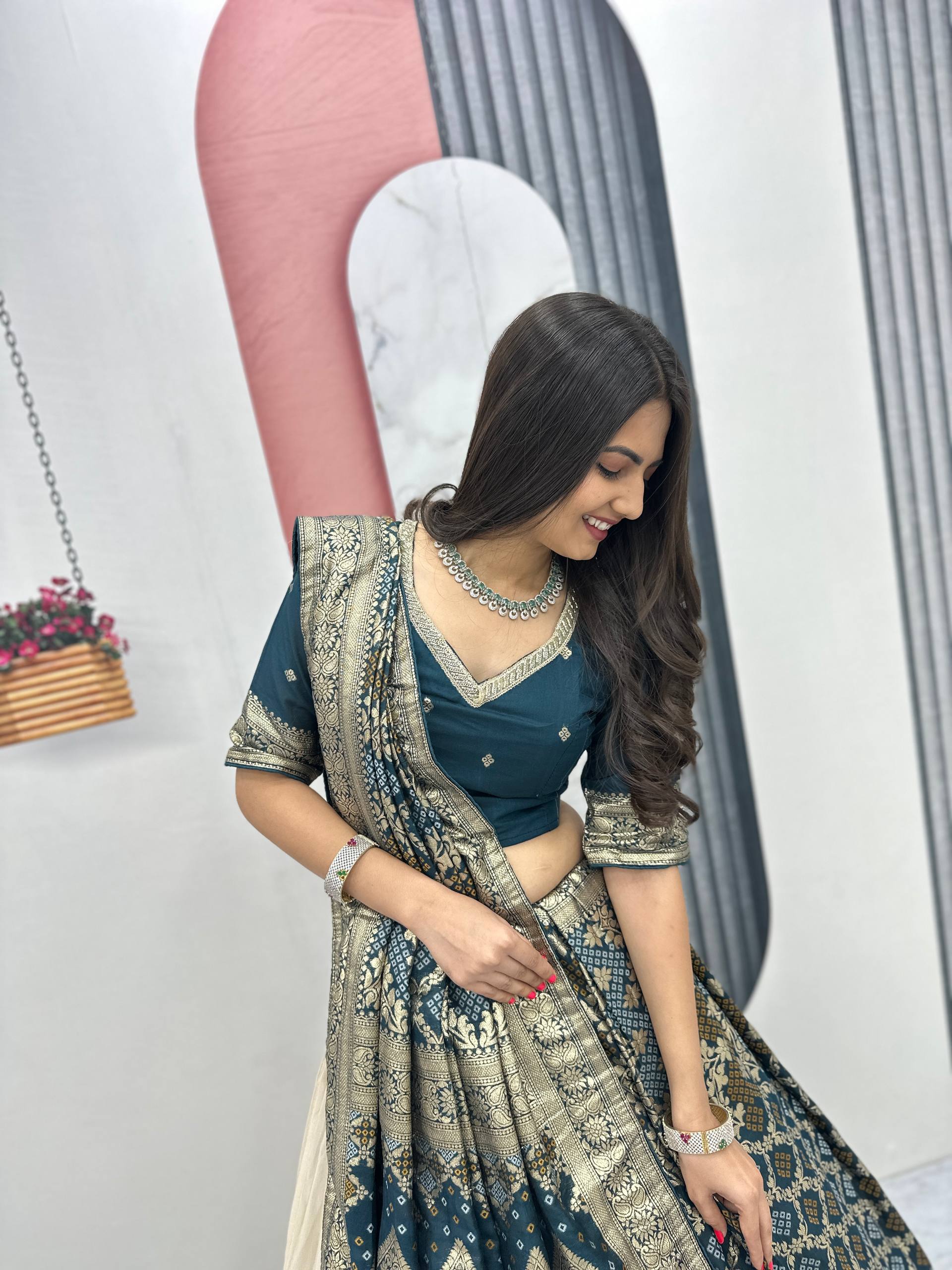 Lehenga Saree Set with Jacquard Silk Blouse and Pure Simar Silk Lehenga