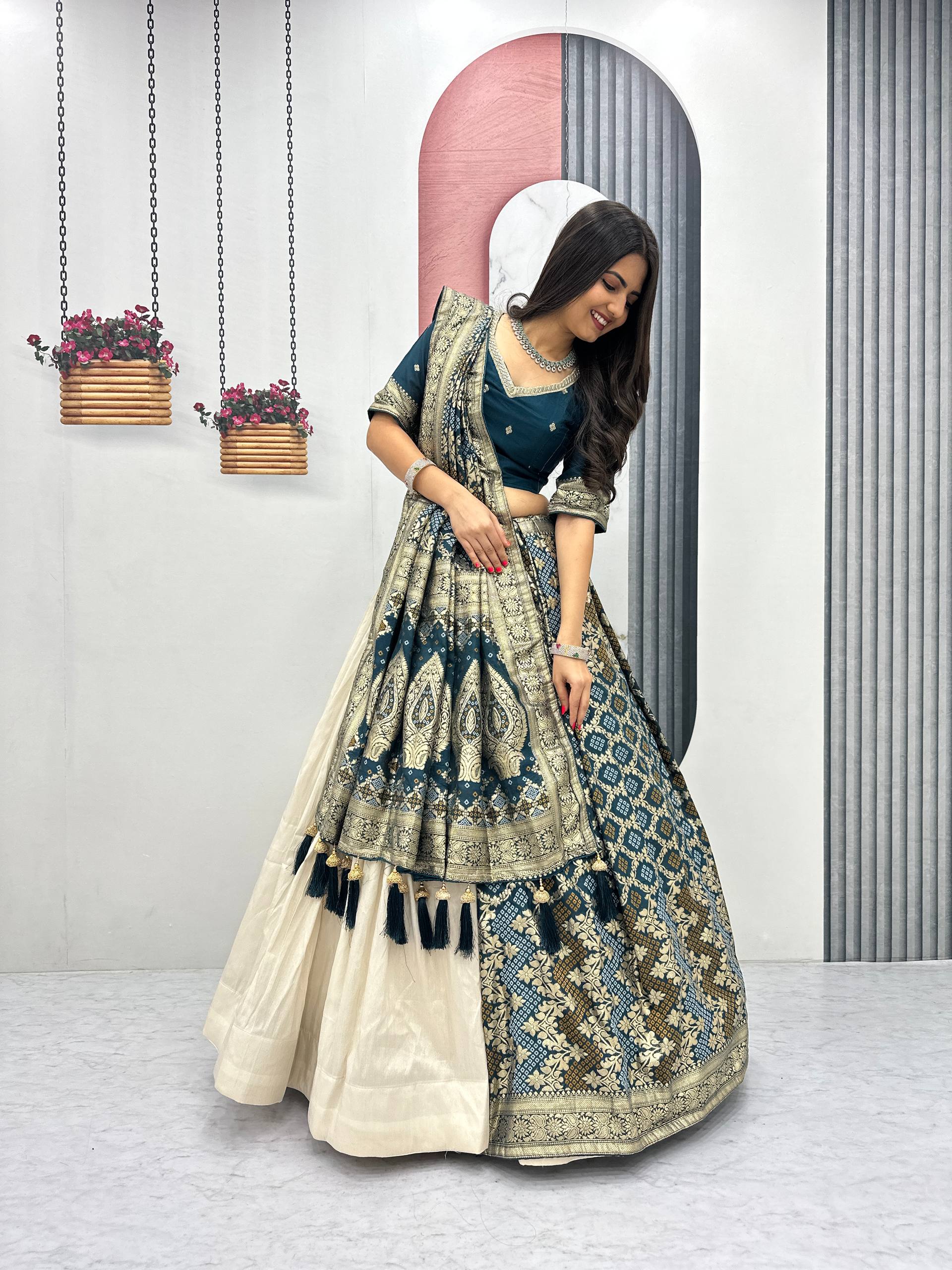Lehenga Saree Set with Jacquard Silk Blouse and Pure Simar Silk Lehenga