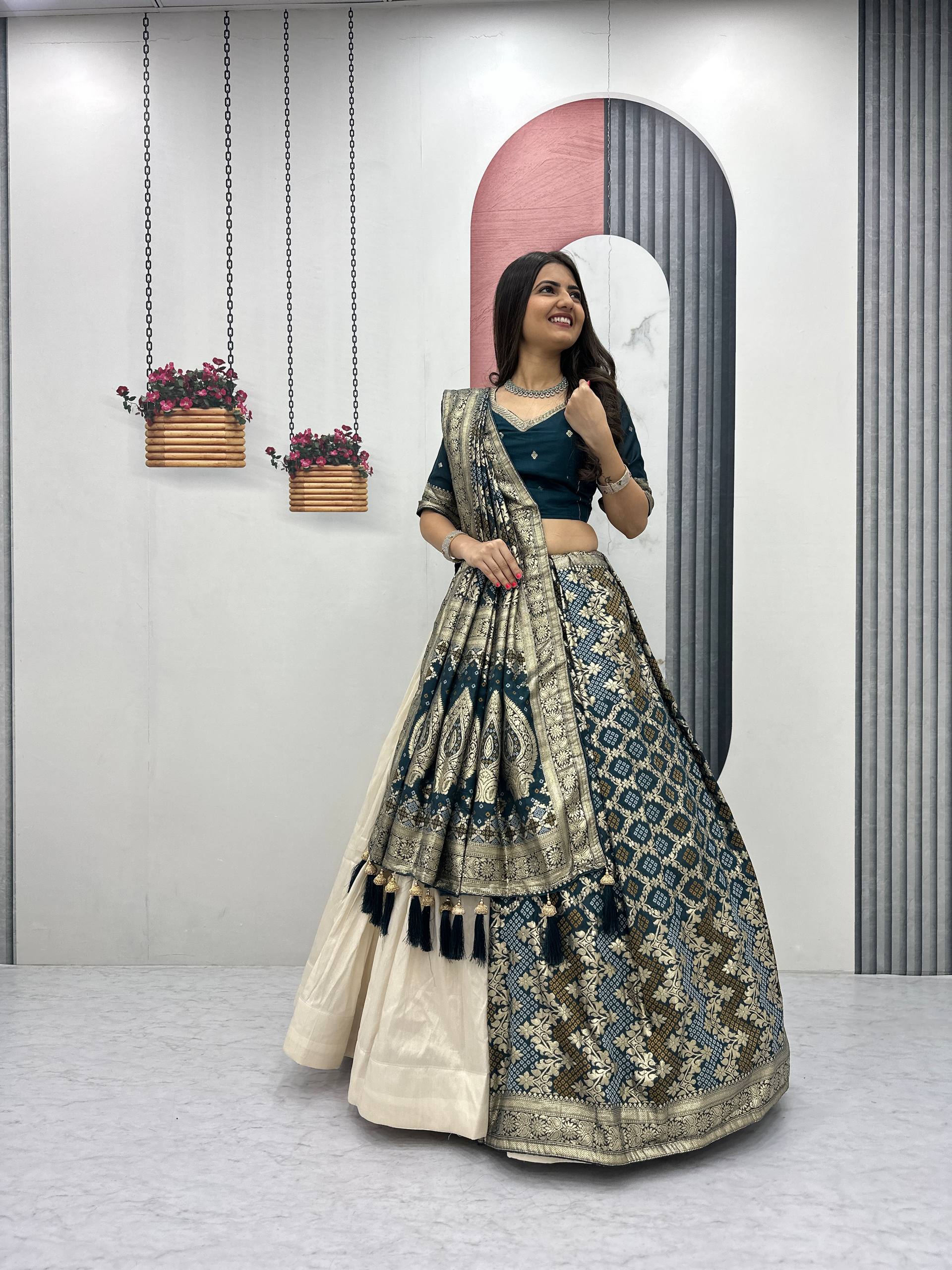 Lehenga Saree Set with Jacquard Silk Blouse and Pure Simar Silk Lehenga