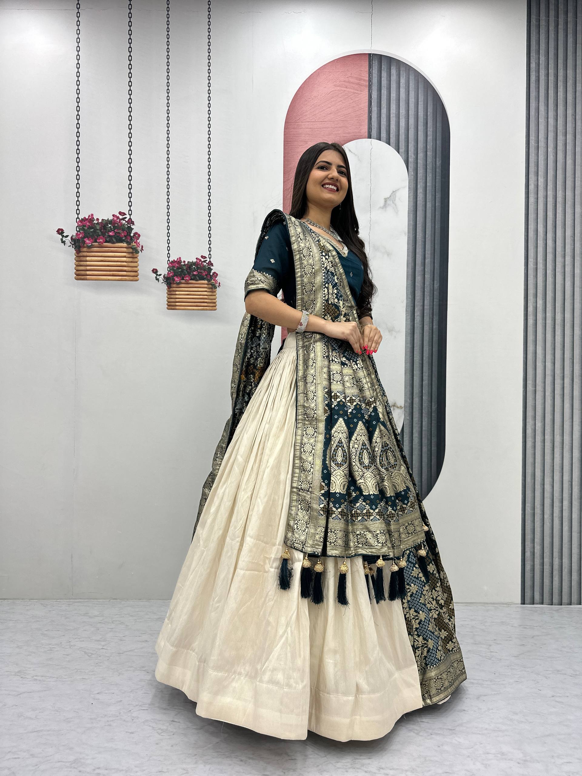 Lehenga Saree Set with Jacquard Silk Blouse and Pure Simar Silk Lehenga
