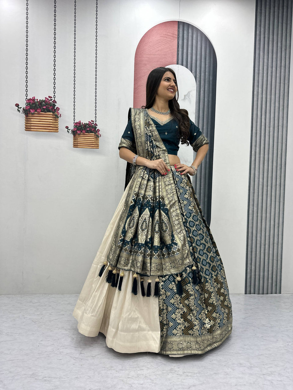 Lehenga Saree Set with Jacquard Silk Blouse and Pure Simar Silk Lehenga