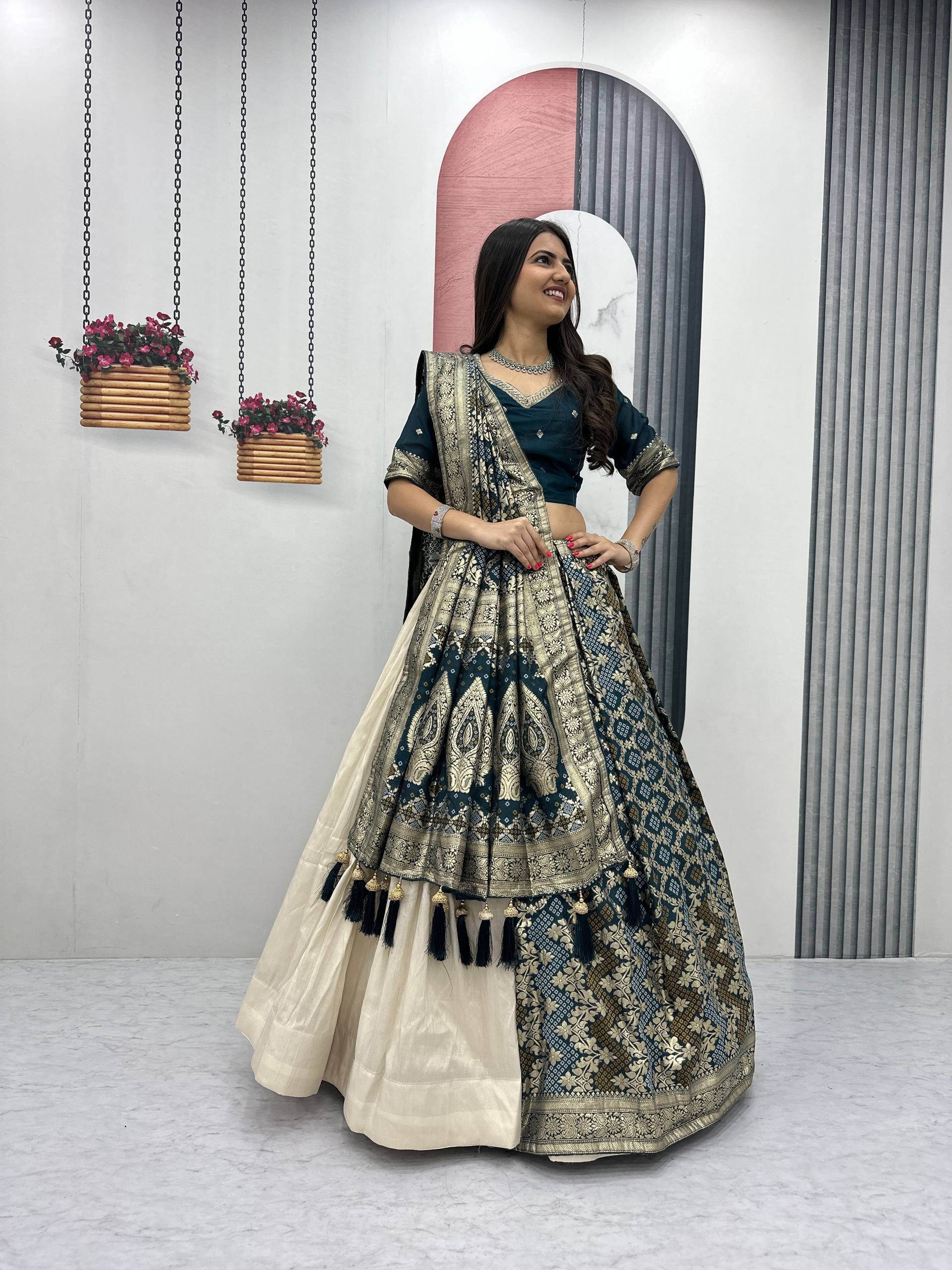 Designer Lehenga Saree Set with Jacquard Silk Blouse and Pure Simar Silk Lehenga