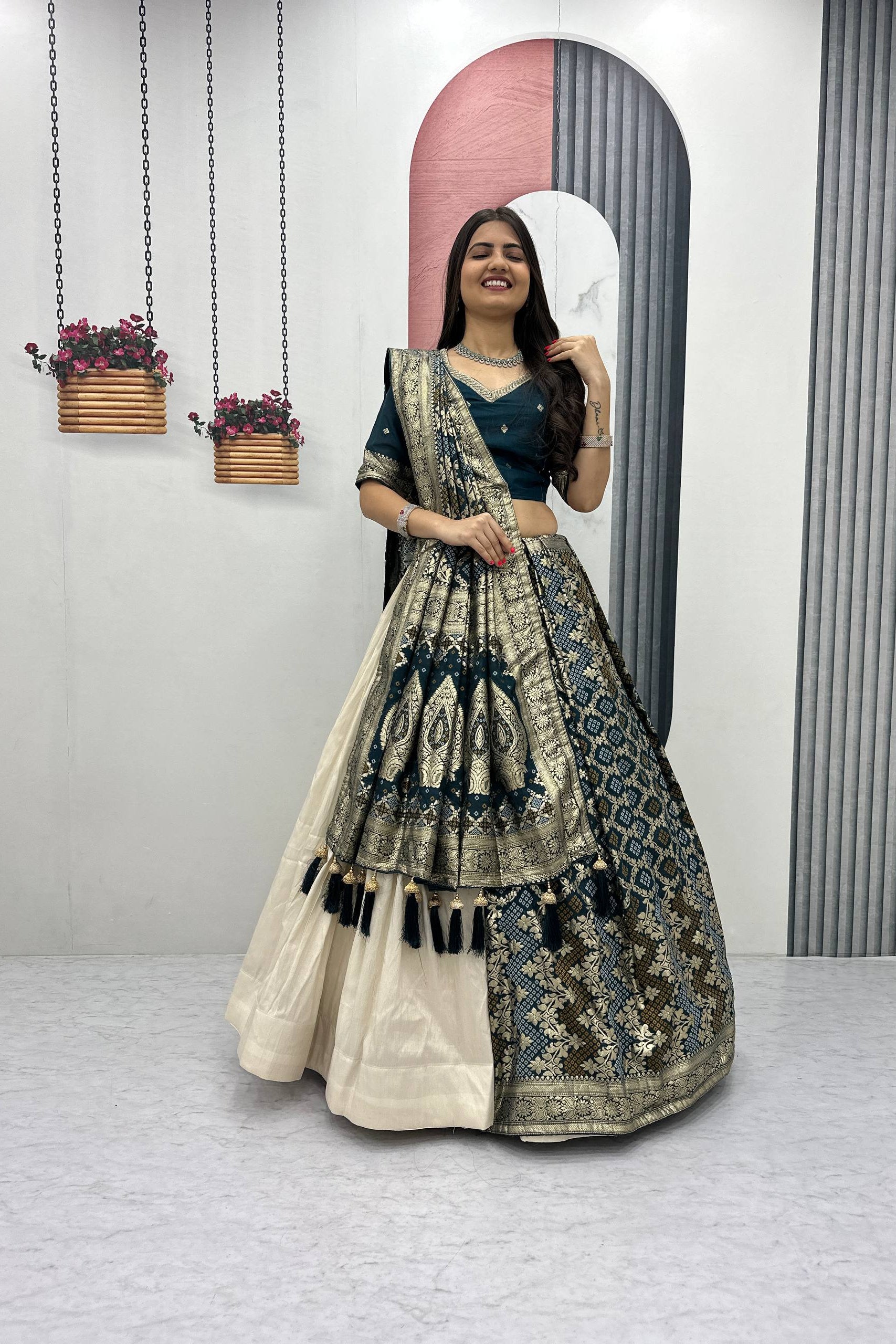 Designer Lehenga Saree Set with Jacquard Silk Blouse and Pure Simar Silk Lehenga