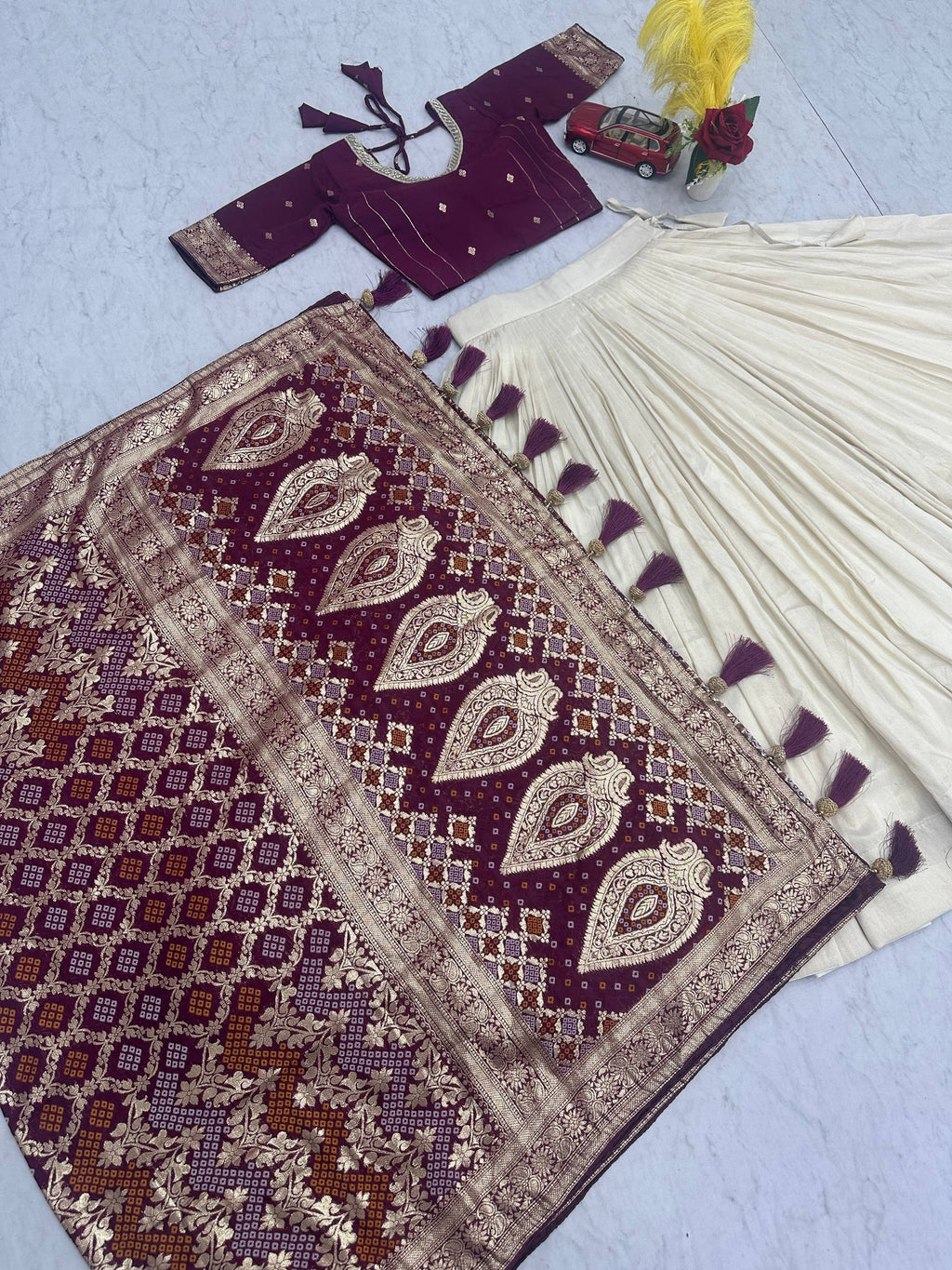 Lehenga Saree Set with Jacquard Silk Blouse and Pure Simar Silk Lehenga