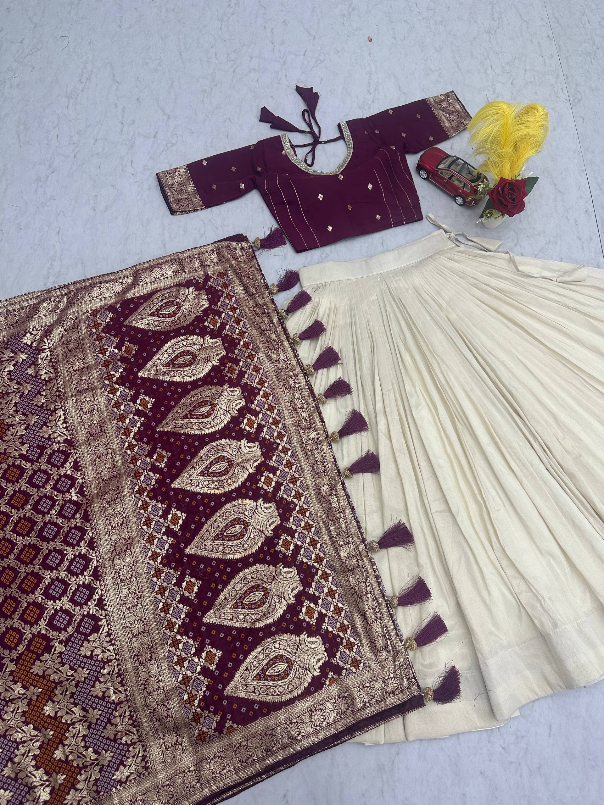 Lehenga Saree Set with Jacquard Silk Blouse and Pure Simar Silk Lehenga