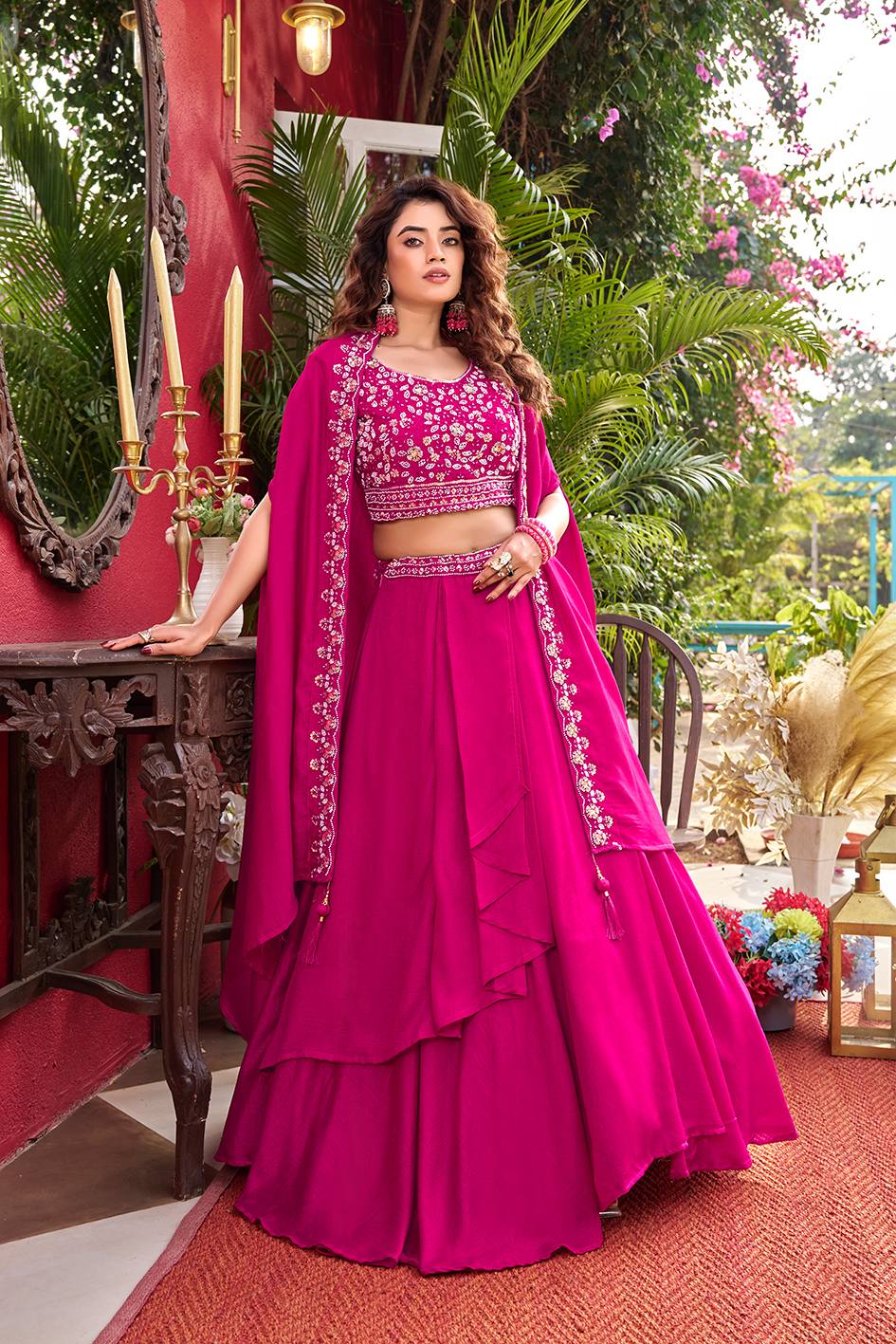 Heavy Designer Vichitra Silk Lehenga Choli Set with Shrug Style Dupatta