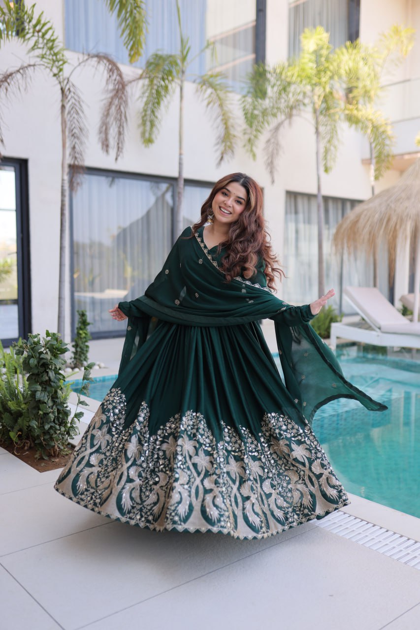 Designer Rangoli Crush Embroidered Gown with Dupatta – Elegant Wedding & Festive Wear