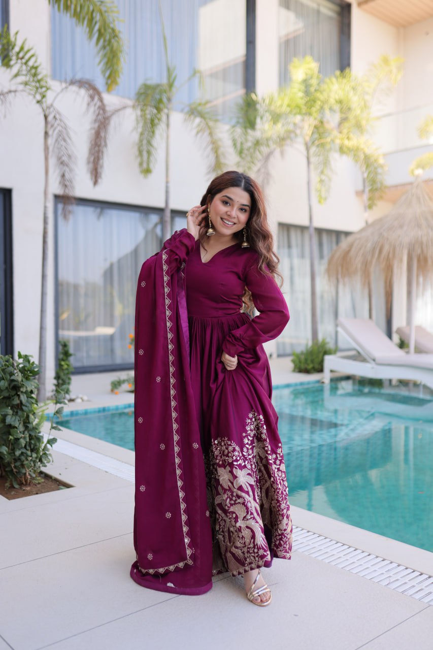 Rangoli Crush Embroidered Gown with Dupatta – Elegant Wedding & Festive Wear