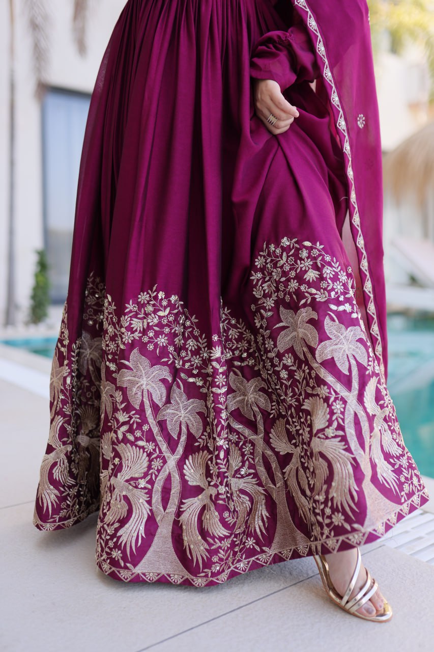 Designer Rangoli Crush Embroidered Gown with Dupatta – Elegant Wedding & Festive Wear