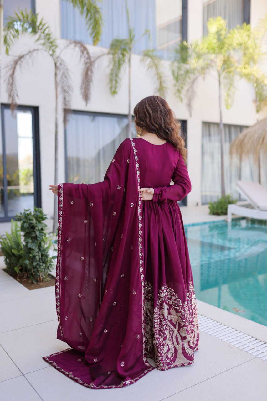 Designer Rangoli Crush Embroidered Gown with Dupatta – Elegant Wedding & Festive Wear