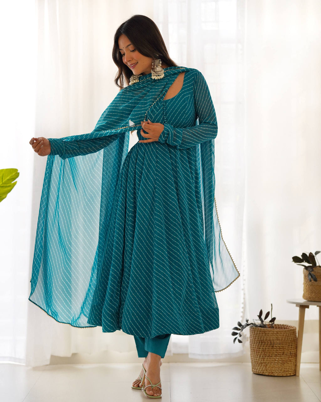 Laheriya Print Faux Georgette Anarkali Gown Set with Dupatta & Pant