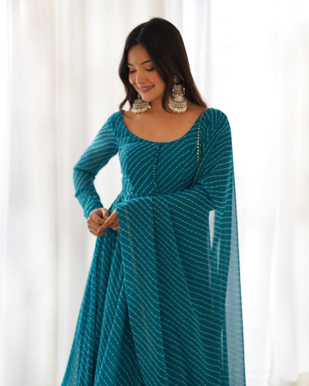 Laheriya Print Faux Georgette Anarkali Gown Set with Dupatta & Pant