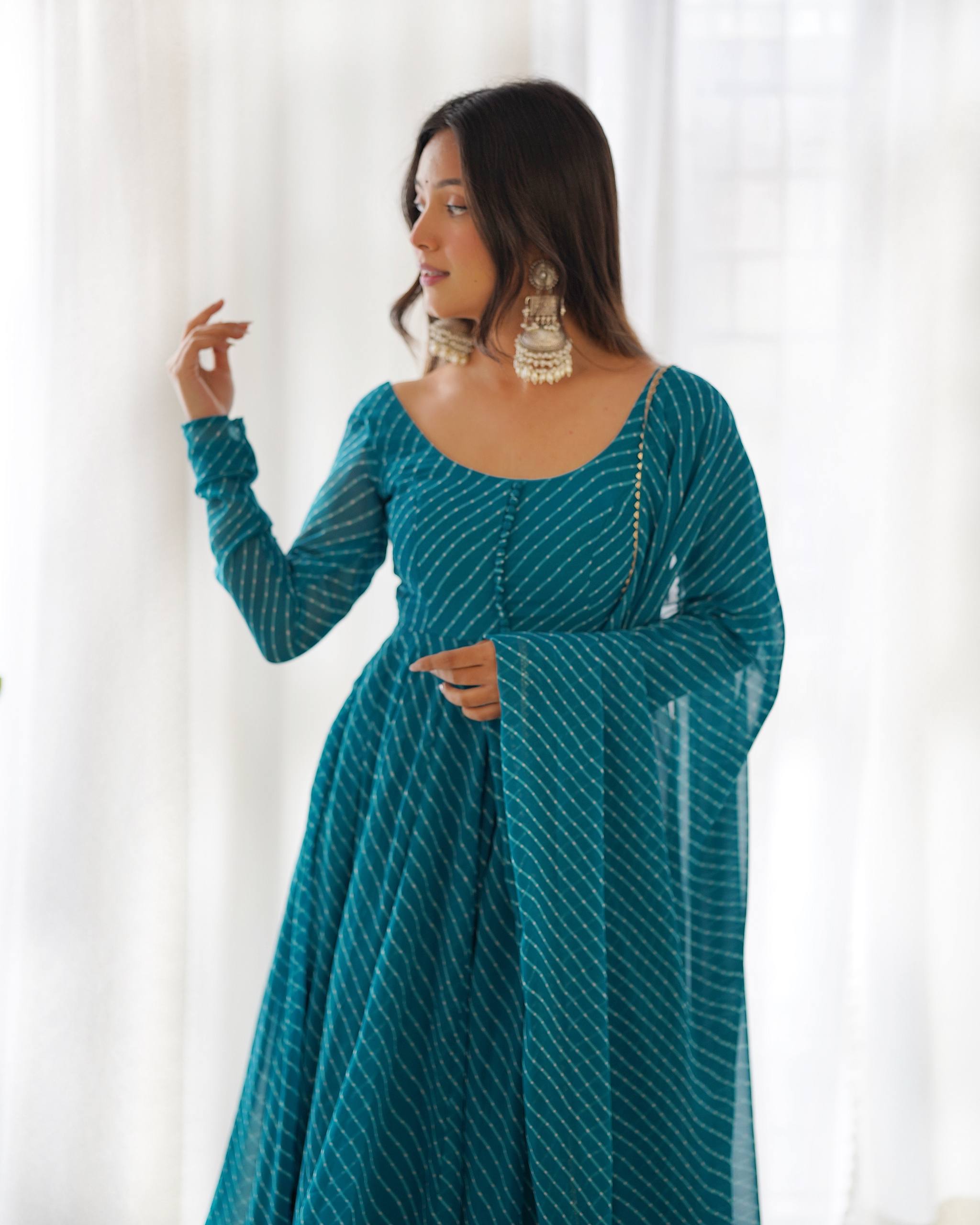 Laheriya Print Faux Georgette Anarkali Gown Set with Dupatta & Pant