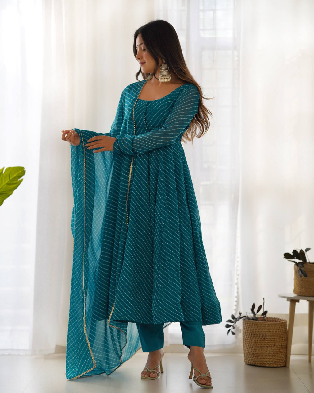 Laheriya Print Faux Georgette Anarkali Gown Set with Dupatta & Pant