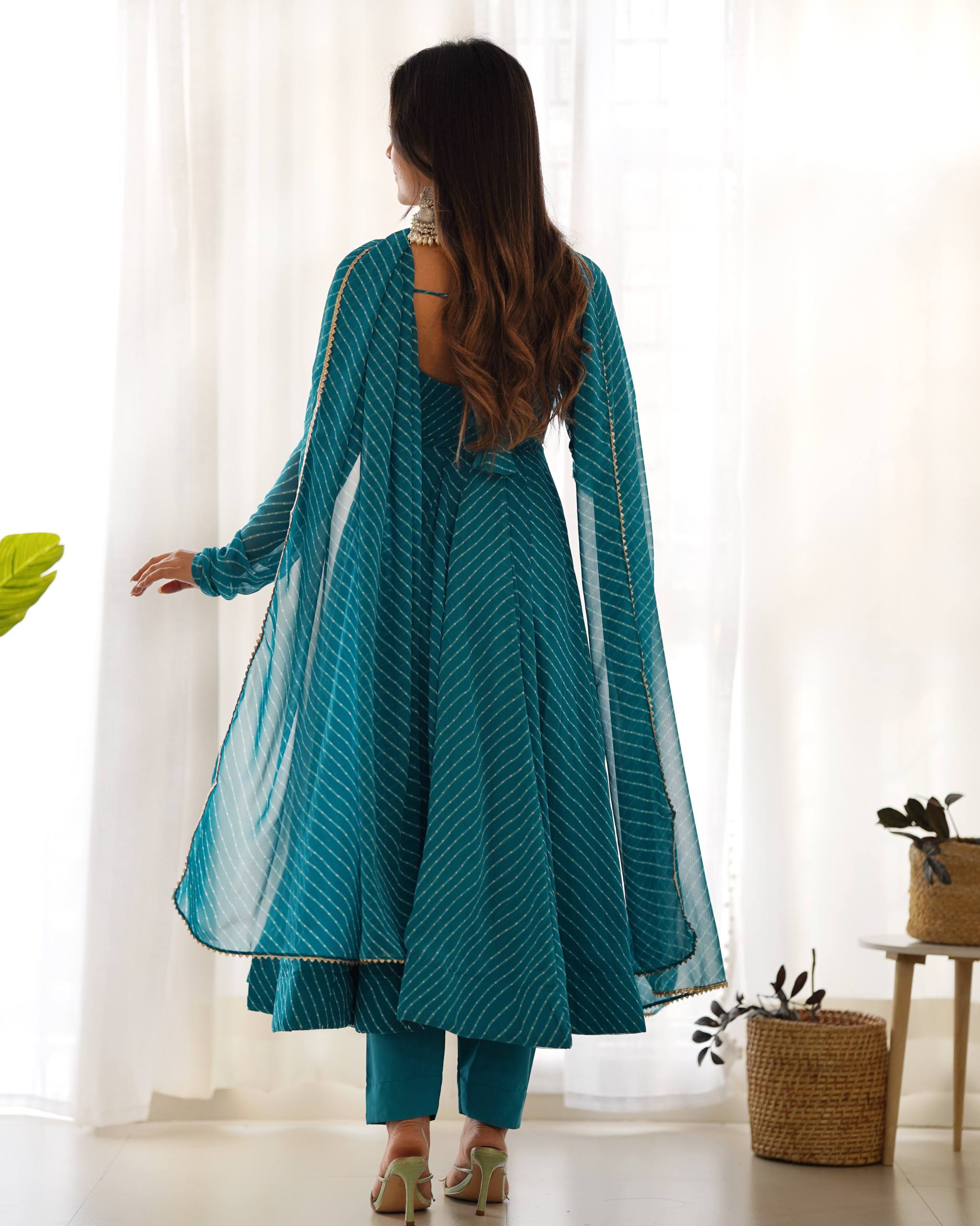 Laheriya Print Faux Georgette Anarkali Gown Set with Dupatta & Pant