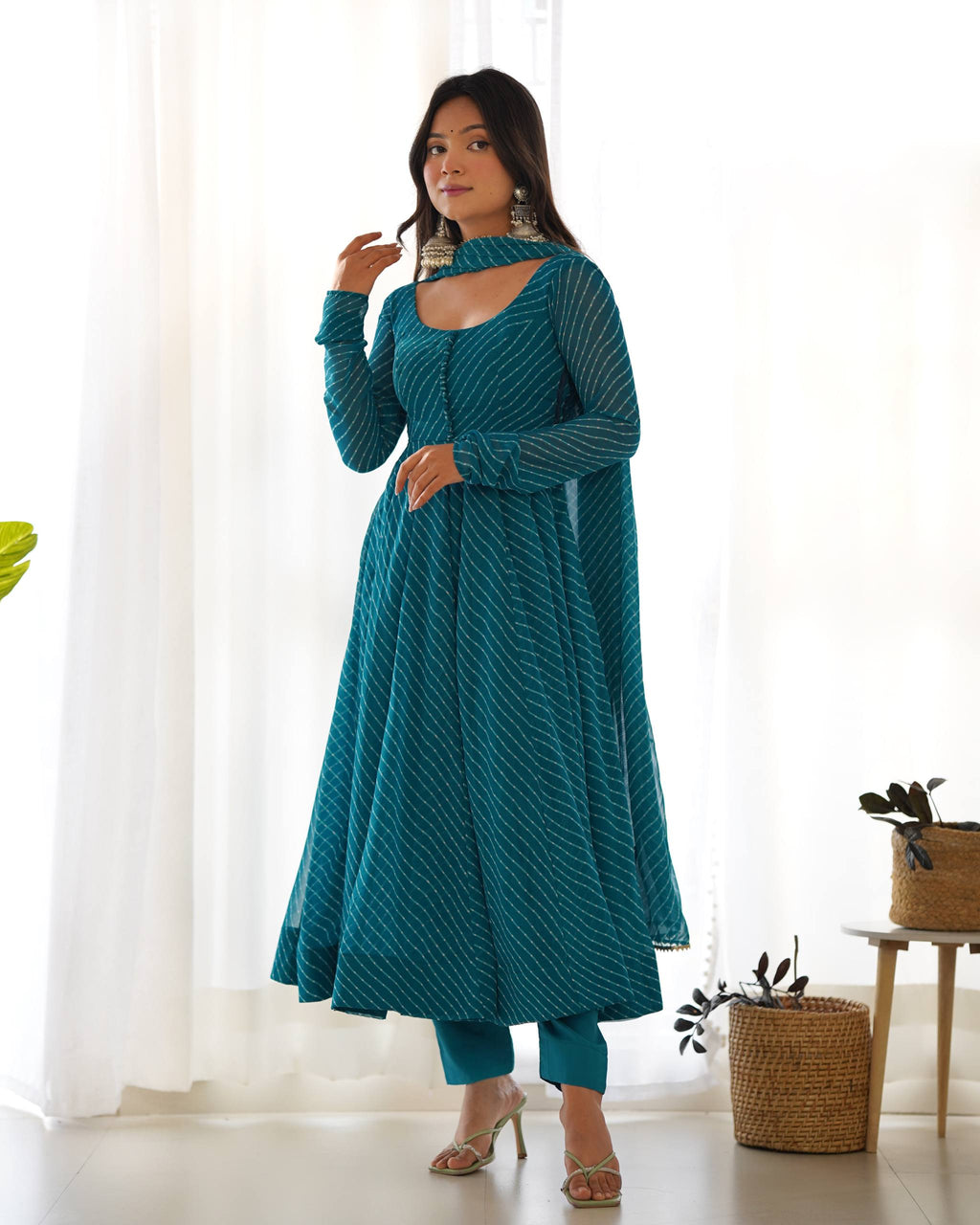 Laheriya Print Faux Georgette Anarkali Gown Set with Dupatta & Pant