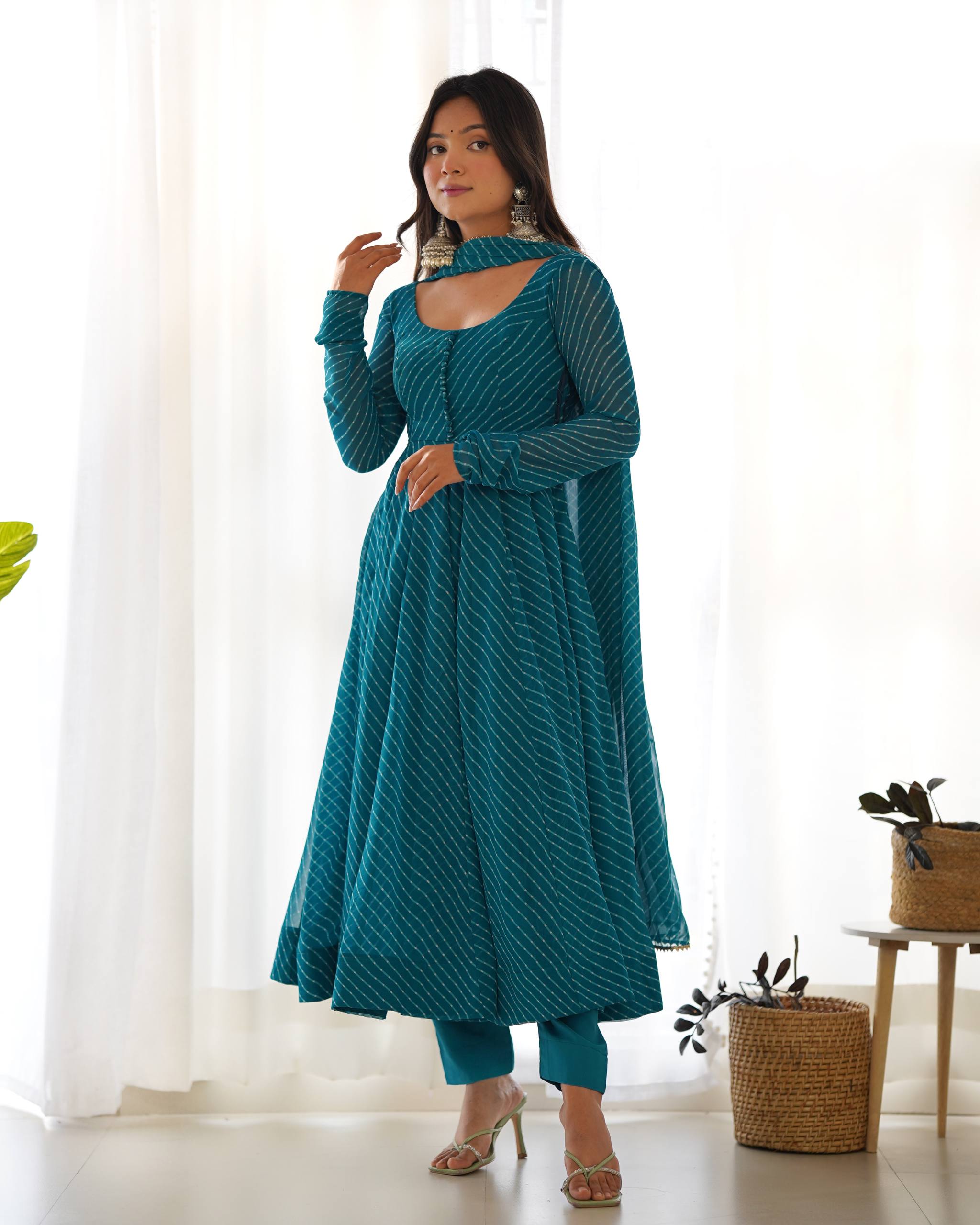 Laheriya Print Faux Georgette Anarkali Gown Set with Dupatta & Pant