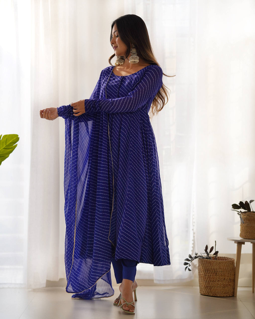 Laheriya Print Faux Georgette Anarkali Gown Set with Dupatta & Pant