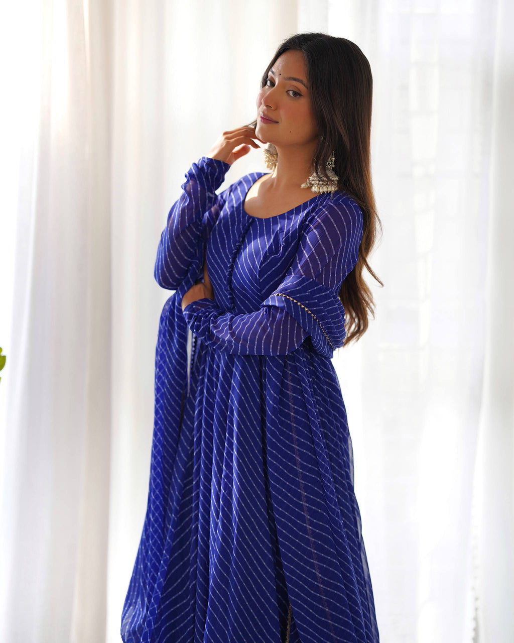 Laheriya Print Faux Georgette Anarkali Gown Set with Dupatta & Pant