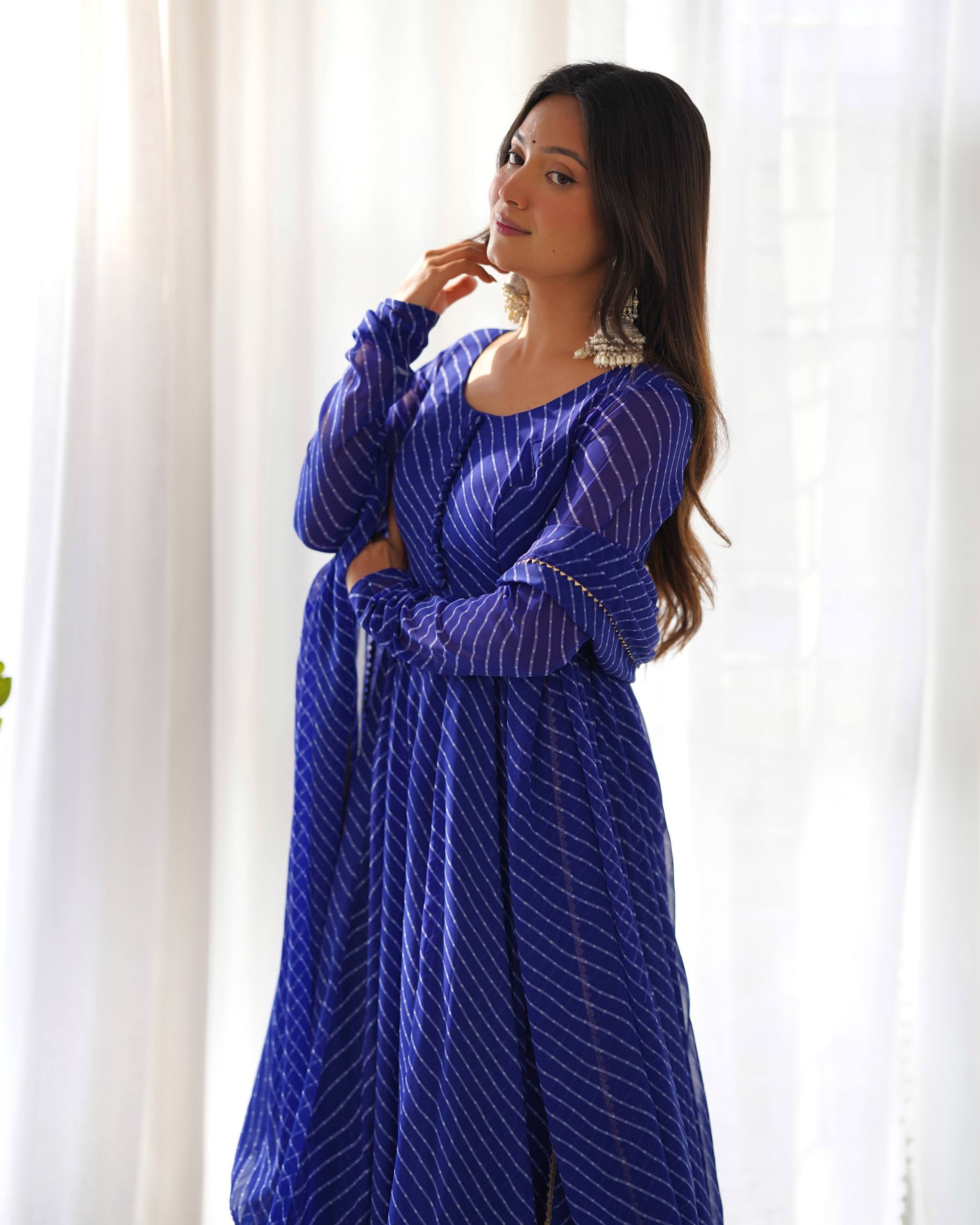 Laheriya Print Faux Georgette Anarkali Gown Set with Dupatta & Pant