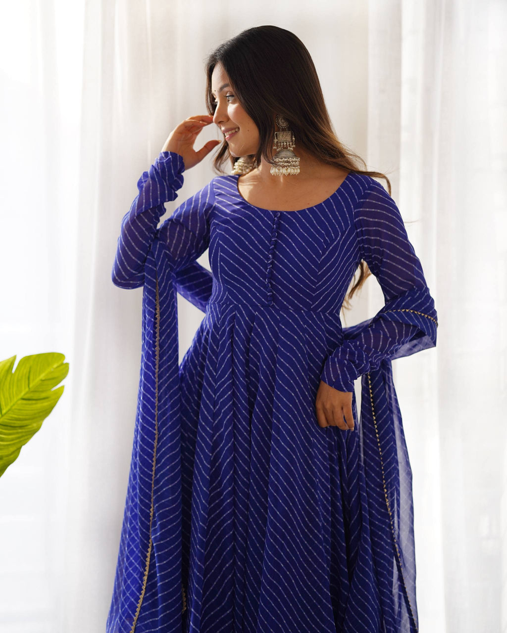 Laheriya Print Faux Georgette Anarkali Gown Set with Dupatta & Pant