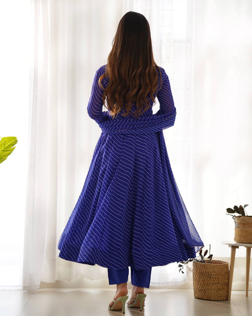 Laheriya Print Faux Georgette Anarkali Gown Set with Dupatta & Pant