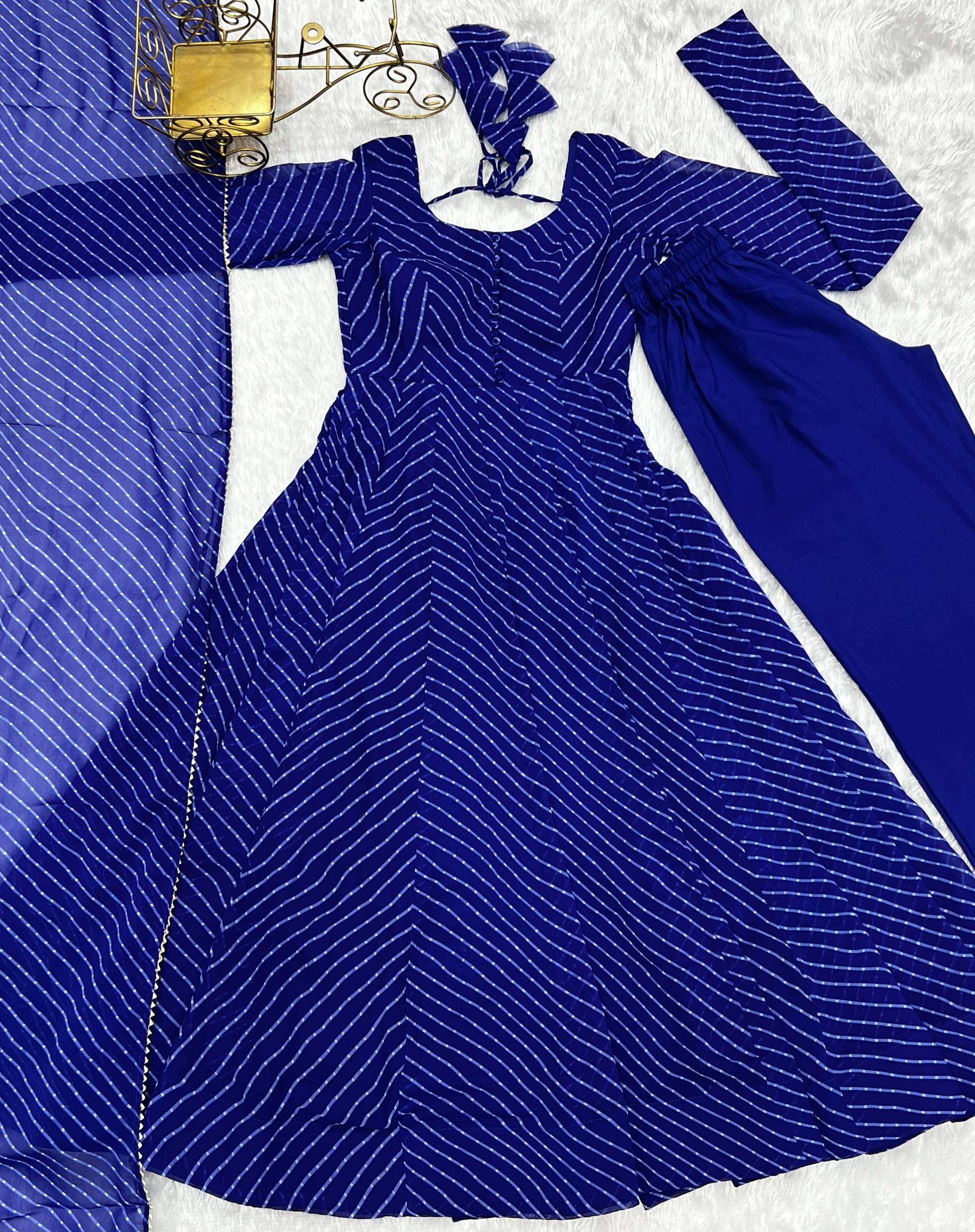 Laheriya Print Faux Georgette Anarkali Gown Set with Dupatta & Pant