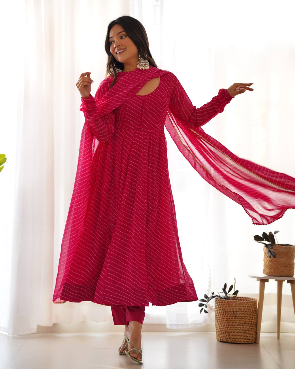 Laheriya Print Faux Georgette Anarkali Gown Set with Dupatta & Pant