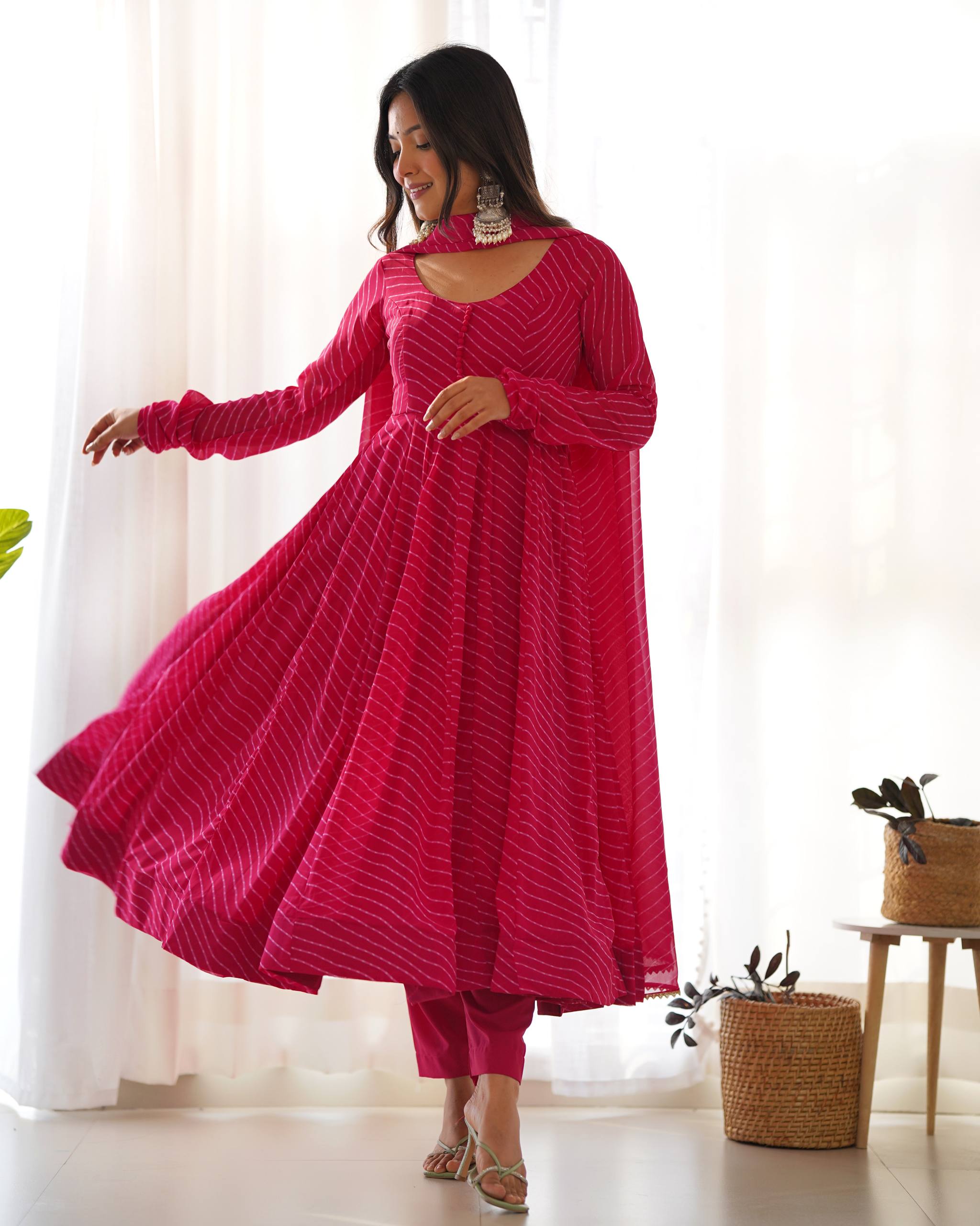 Laheriya Print Faux Georgette Anarkali Gown Set with Dupatta & Pant