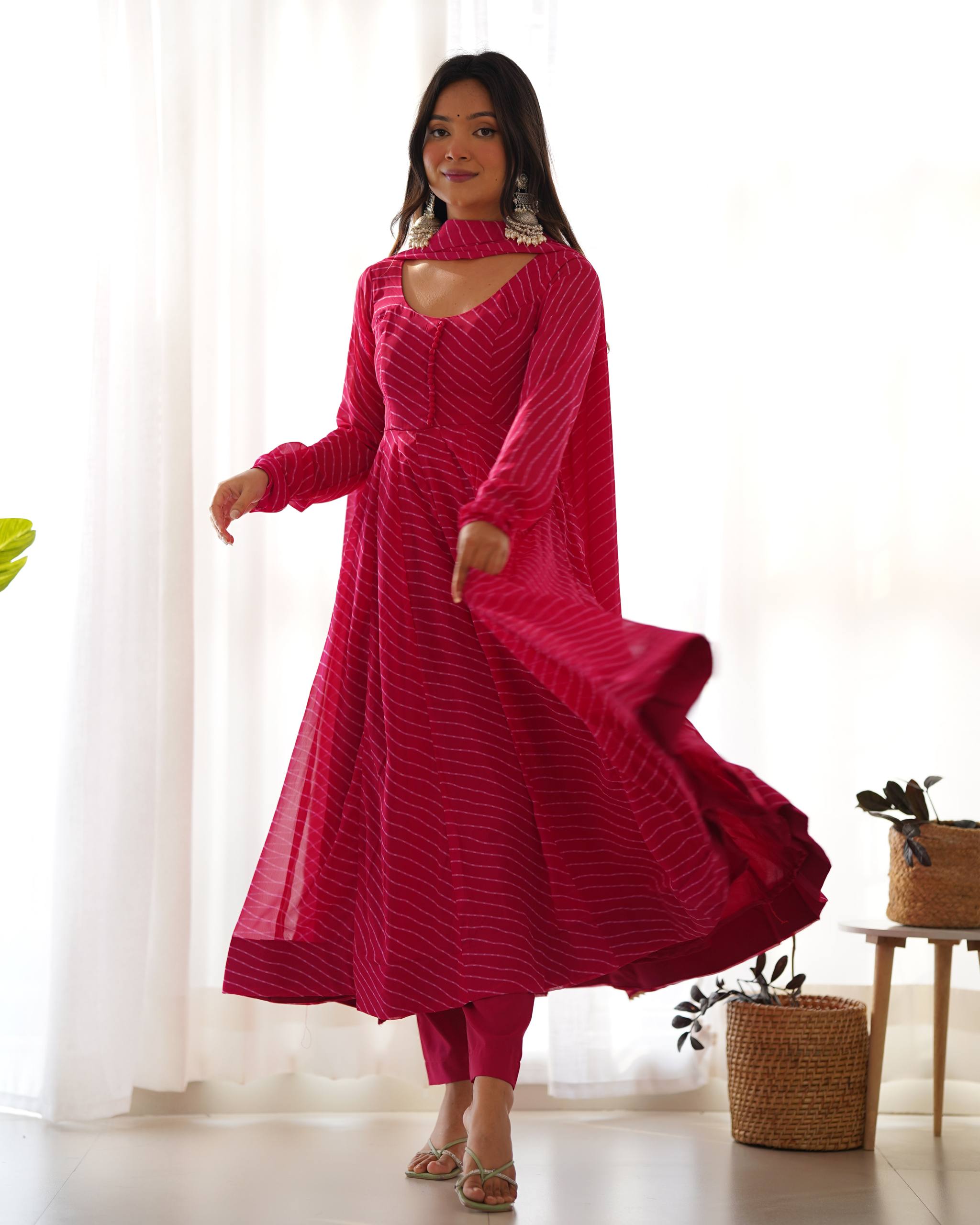 Laheriya Print Faux Georgette Anarkali Gown Set with Dupatta & Pant