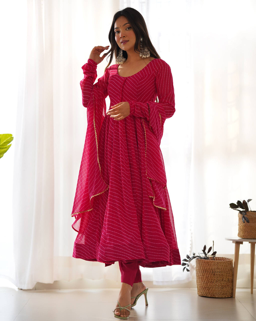 Laheriya Print Faux Georgette Anarkali Gown Set with Dupatta & Pant