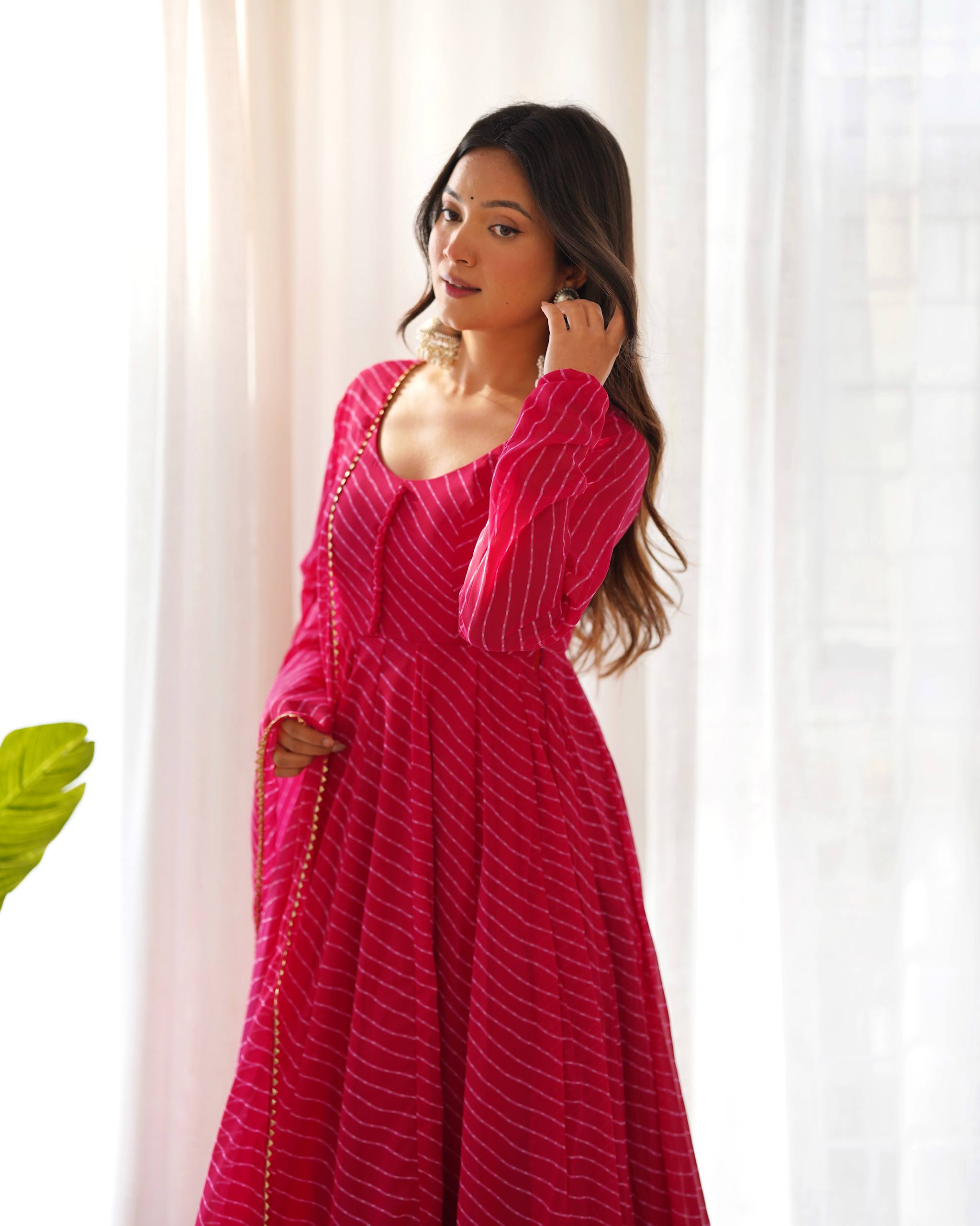 Laheriya Print Faux Georgette Anarkali Gown Set with Dupatta & Pant