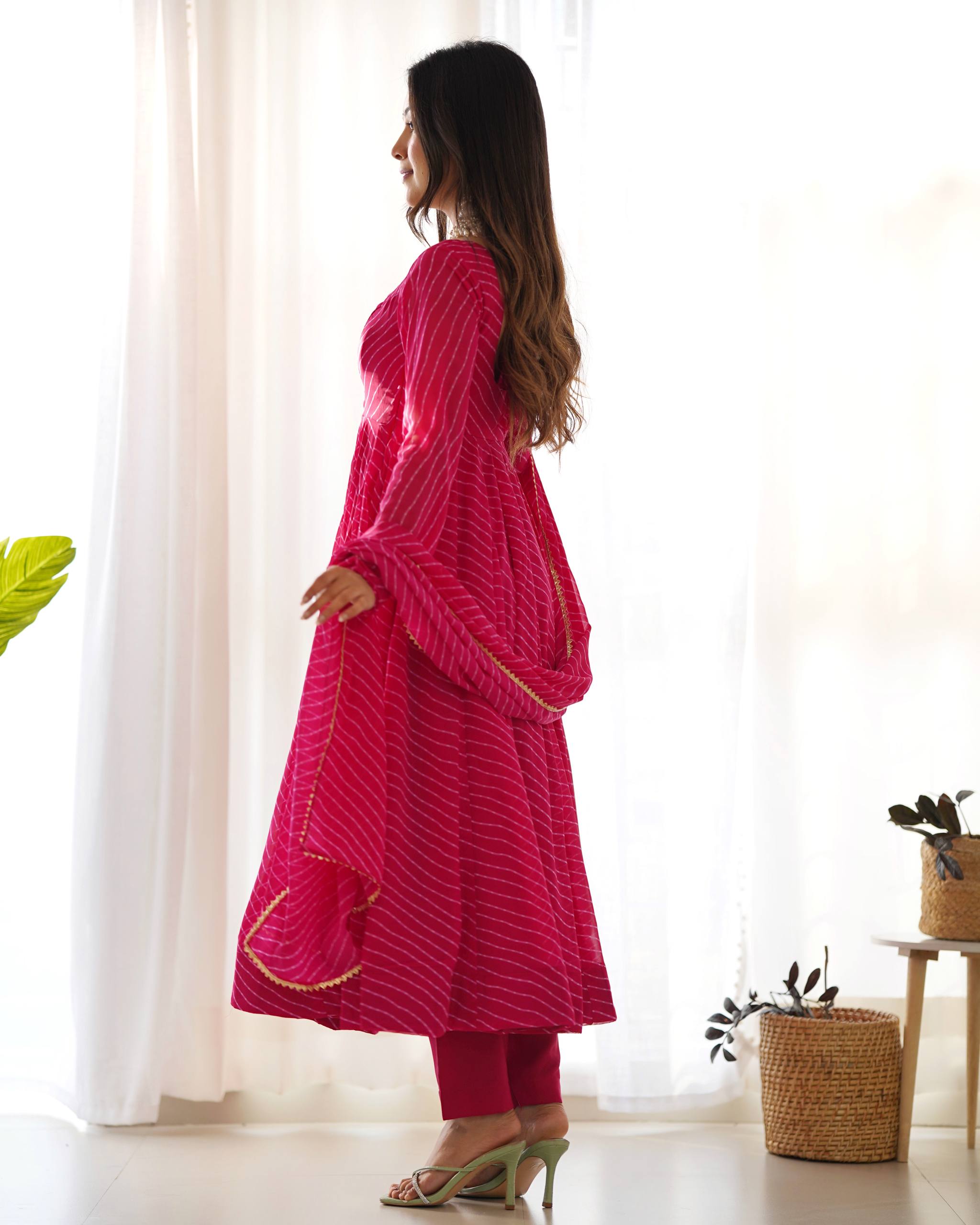 Laheriya Print Faux Georgette Anarkali Gown Set with Dupatta & Pant