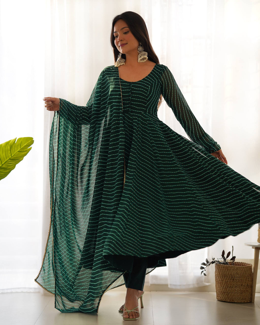 Laheriya Print Faux Georgette Anarkali Gown Set with Dupatta & Pant