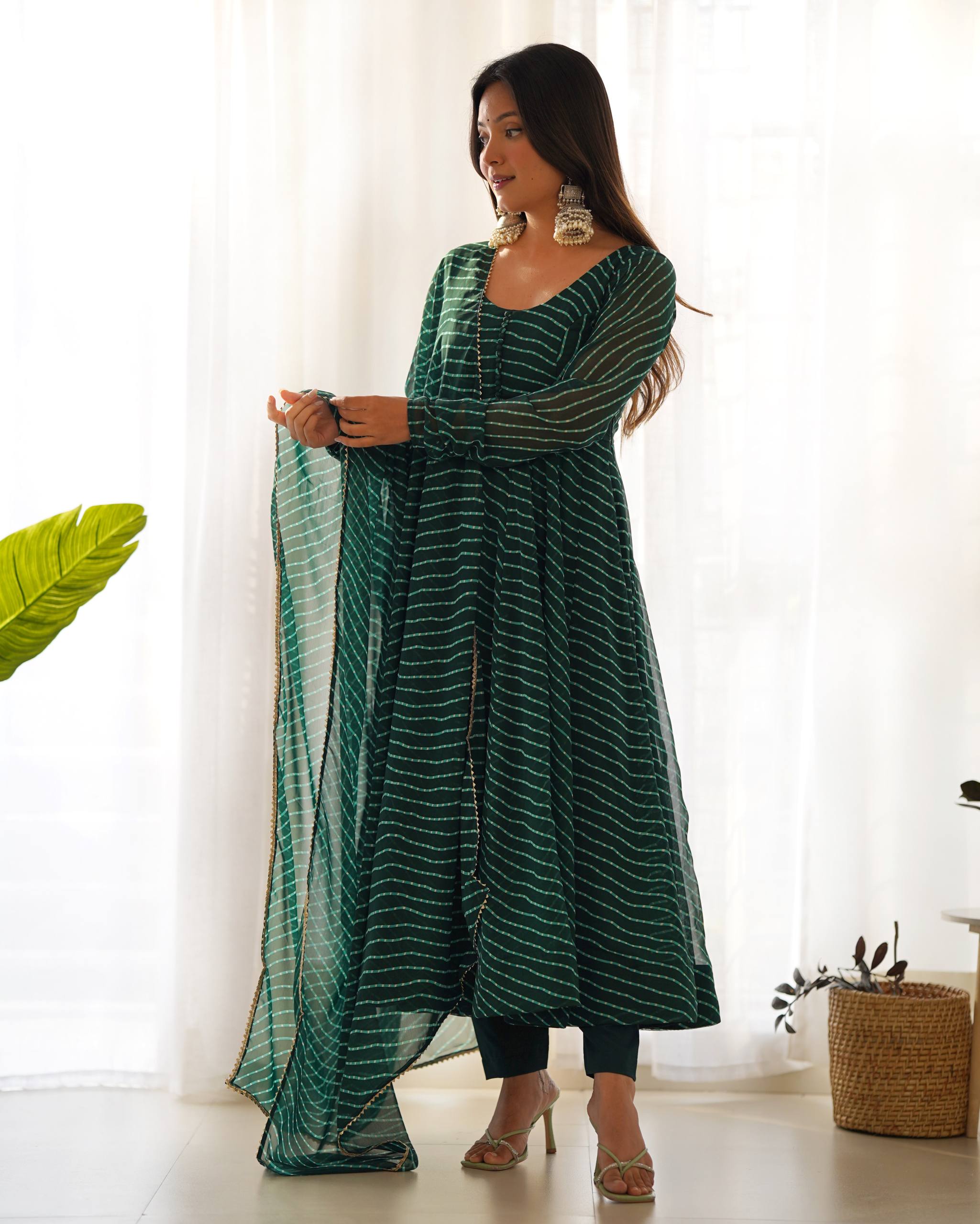 Laheriya Print Faux Georgette Anarkali Gown Set with Dupatta & Pant