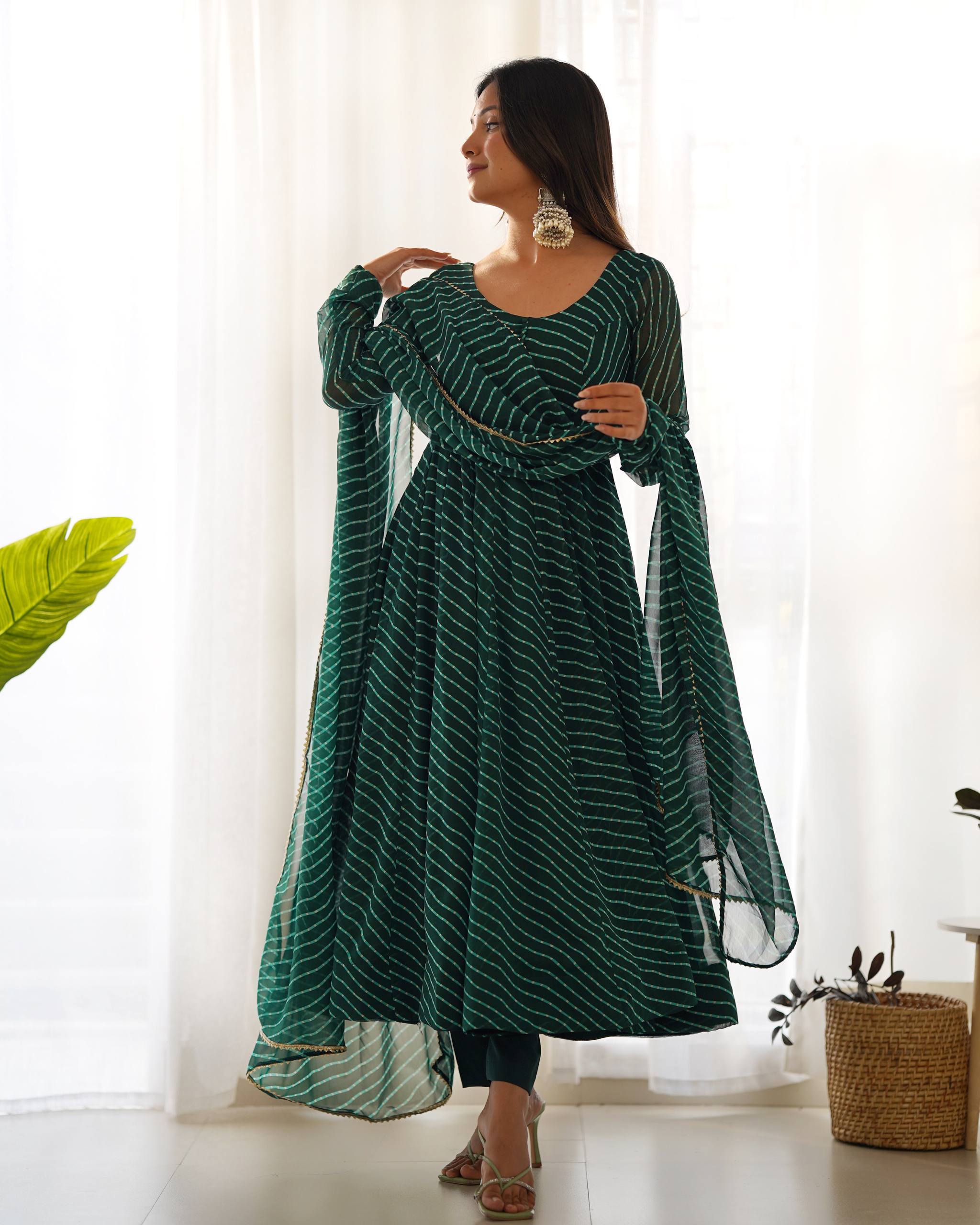 Laheriya Print Faux Georgette Anarkali Gown Set with Dupatta & Pant
