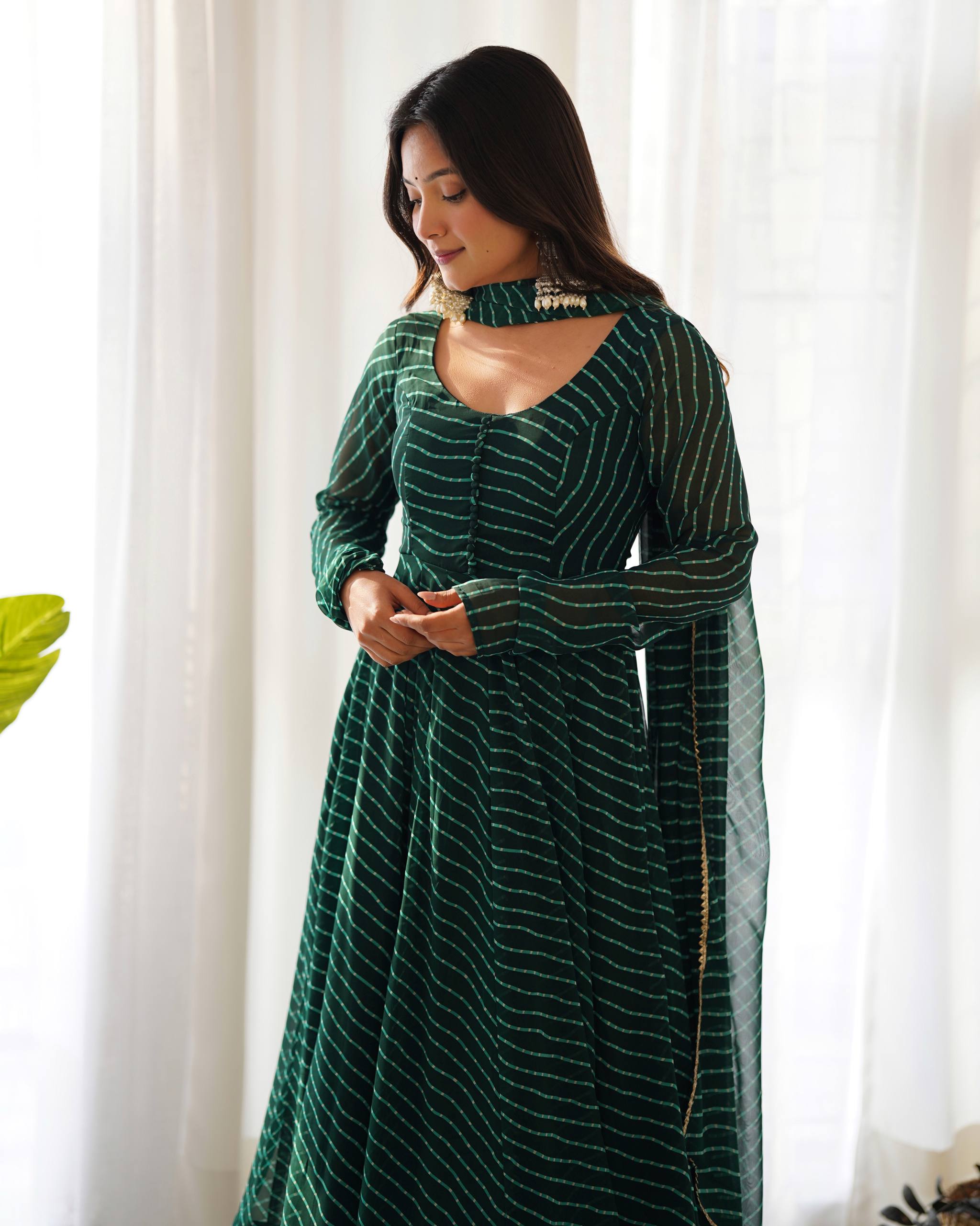 Laheriya Print Faux Georgette Anarkali Gown Set with Dupatta & Pant