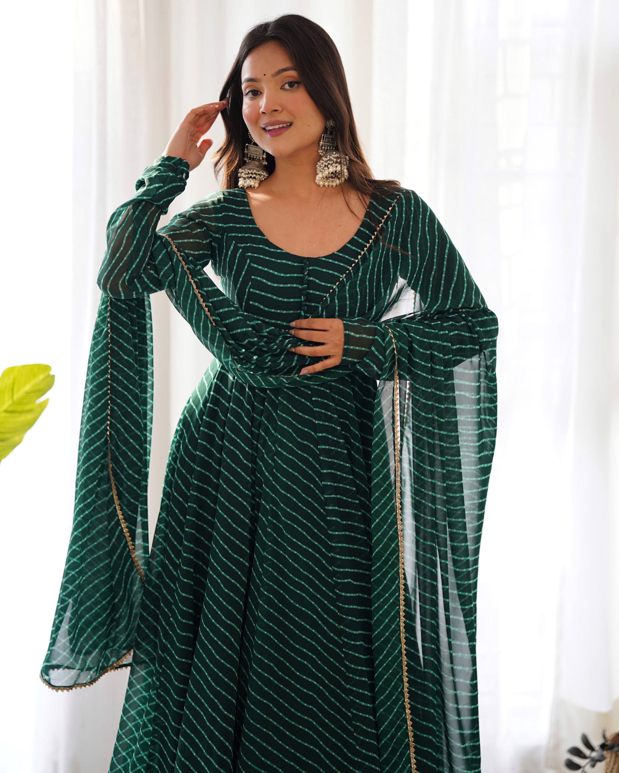 Laheriya Print Faux Georgette Anarkali Gown Set with Dupatta & Pant