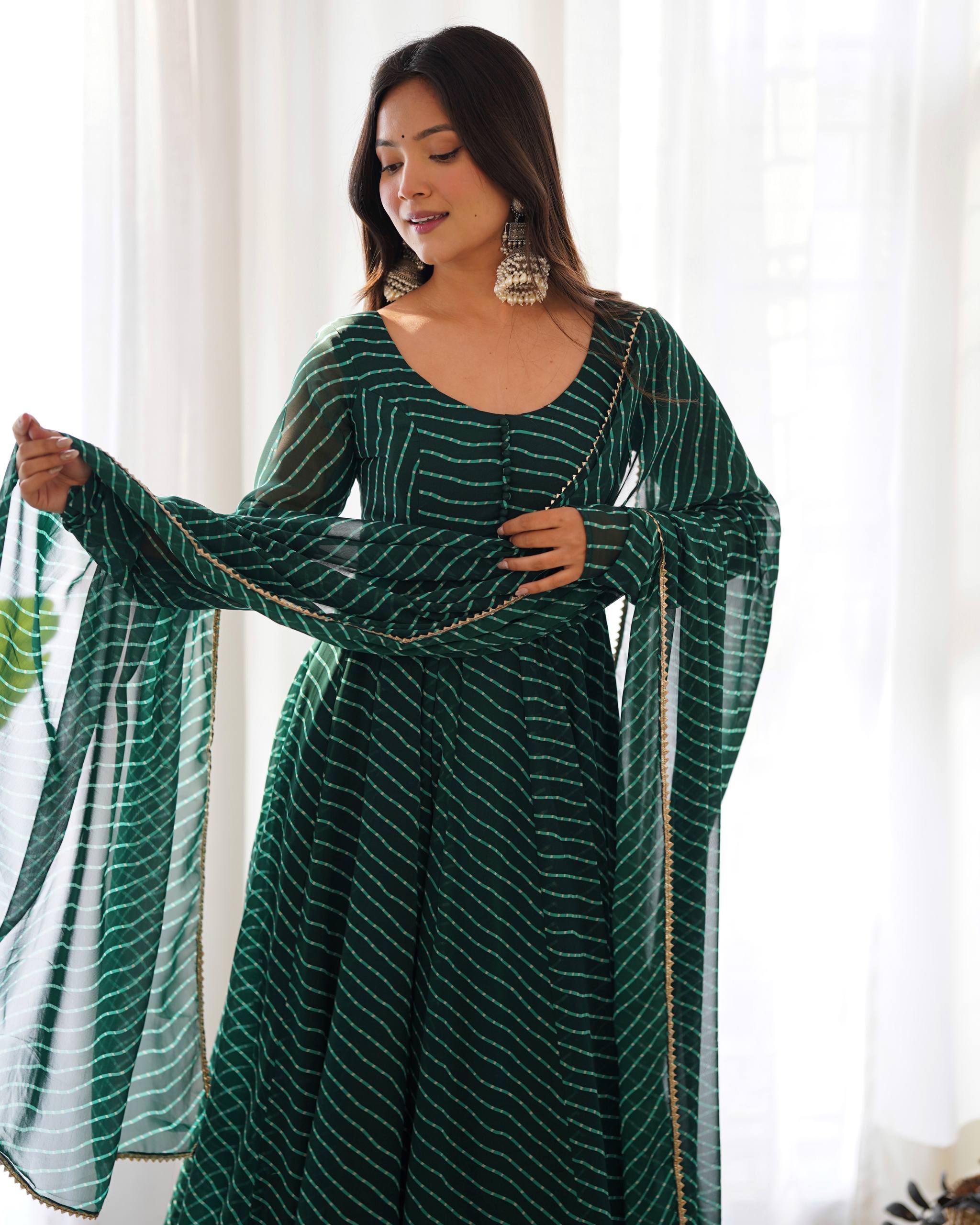 Laheriya Print Faux Georgette Anarkali Gown Set with Dupatta & Pant