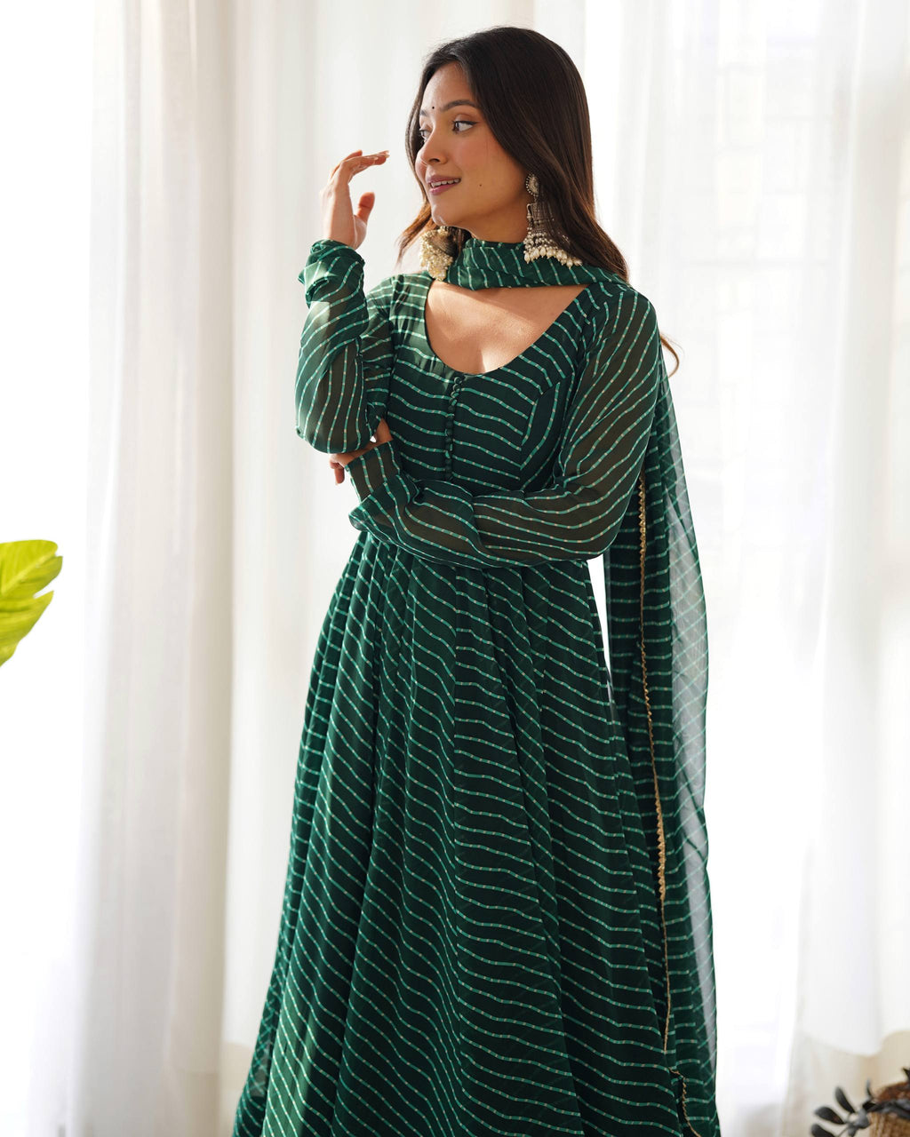Laheriya Print Faux Georgette Anarkali Gown Set with Dupatta & Pant