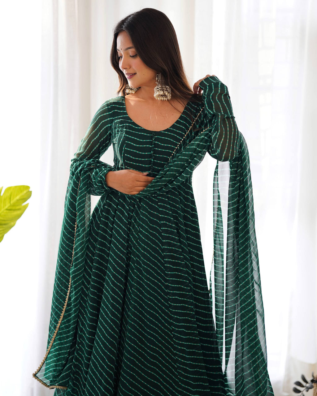 Laheriya Print Faux Georgette Anarkali Gown Set with Dupatta & Pant