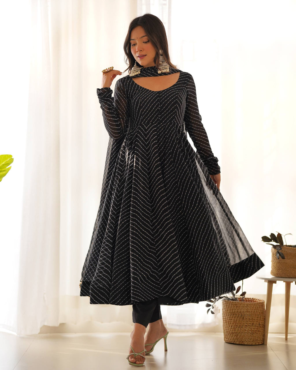 Laheriya Print Faux Georgette Anarkali Gown Set with Dupatta & Pant