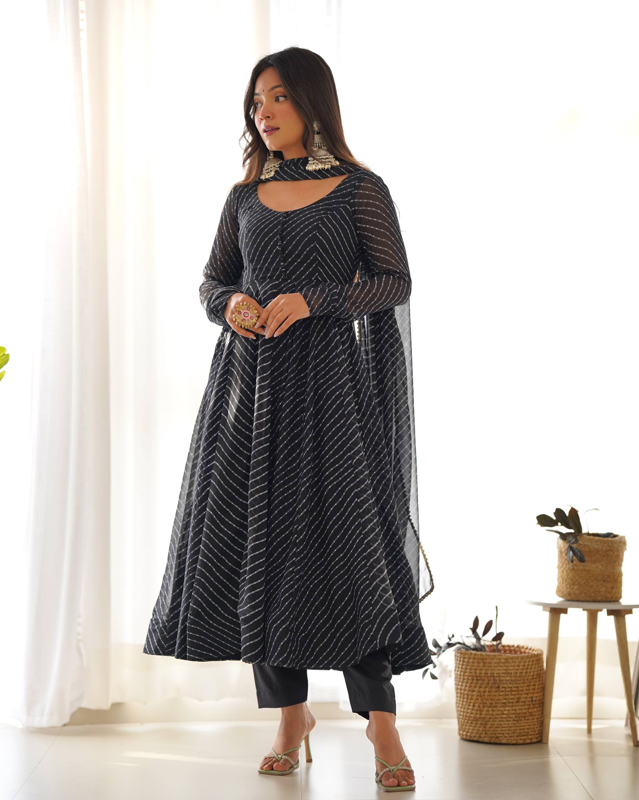 Laheriya Print Faux Georgette Anarkali Gown Set with Dupatta & Pant