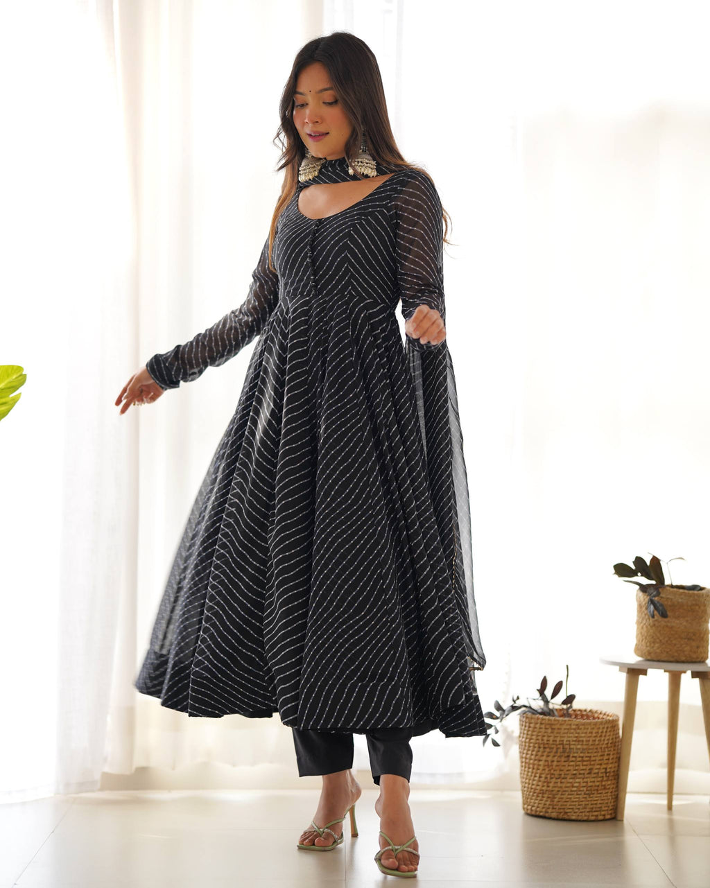 Laheriya Print Faux Georgette Anarkali Gown Set with Dupatta & Pant