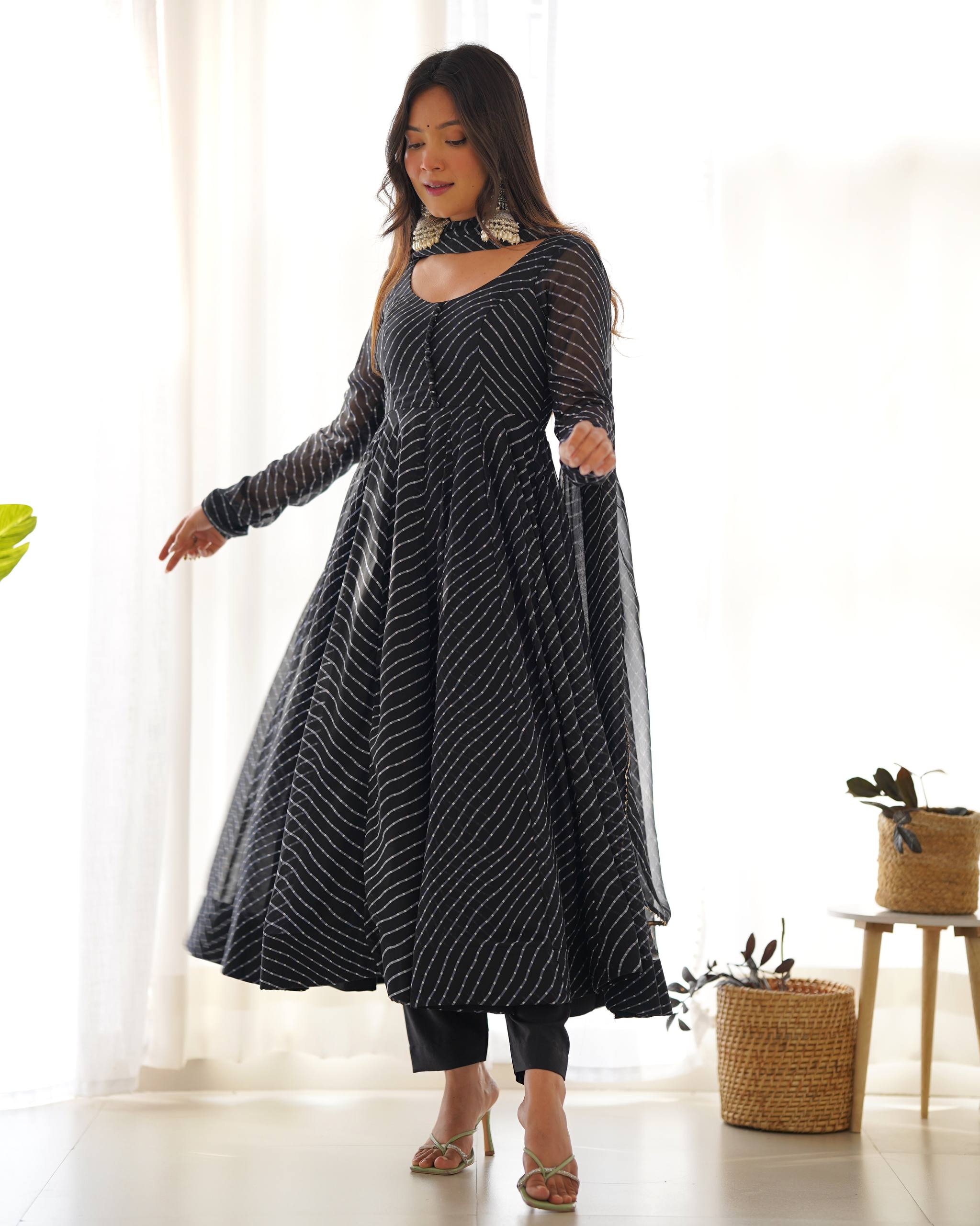 Laheriya Print Faux Georgette Anarkali Gown Set with Dupatta & Pant