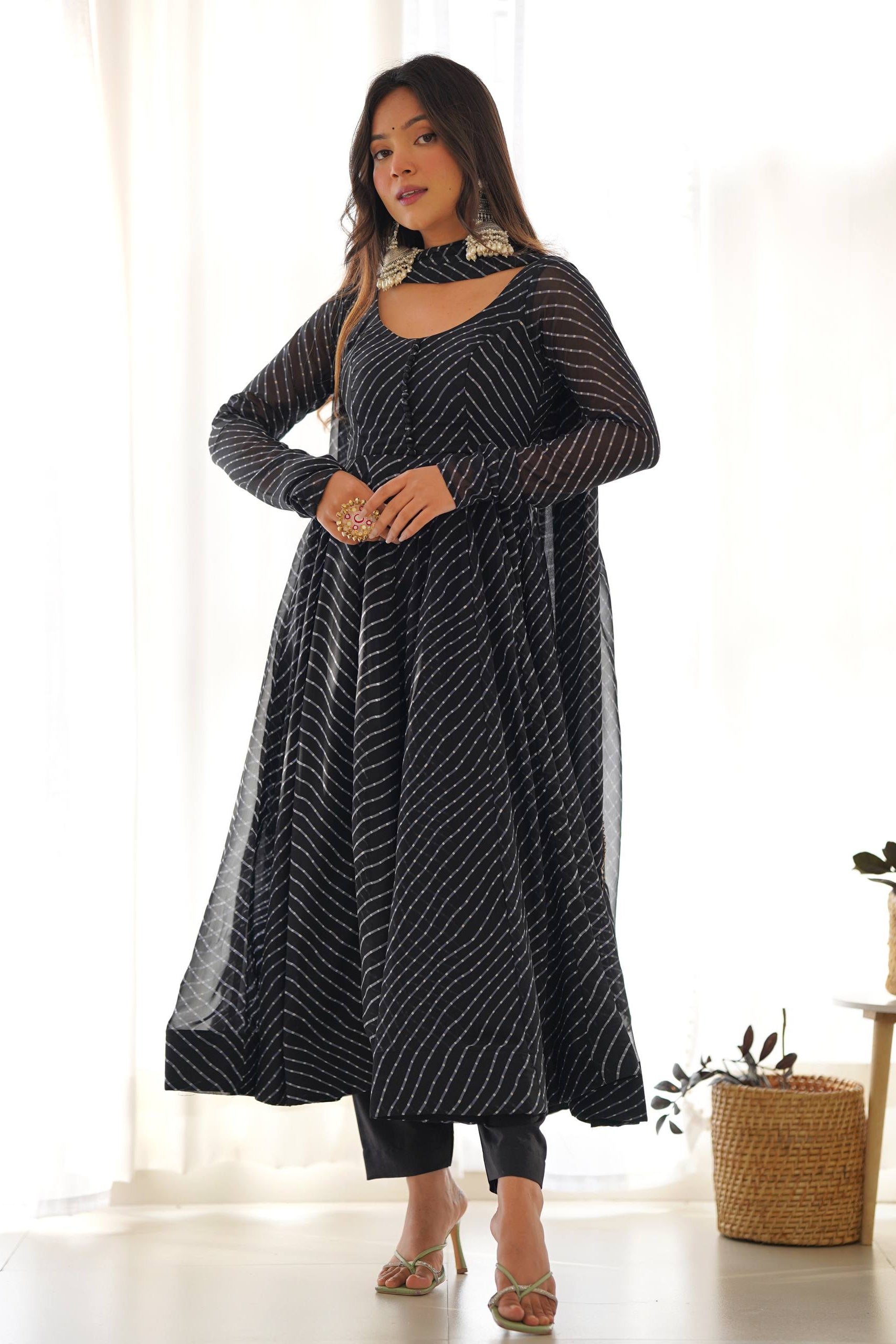 Laheriya Print Faux Georgette Anarkali Gown Set with Dupatta & Pant