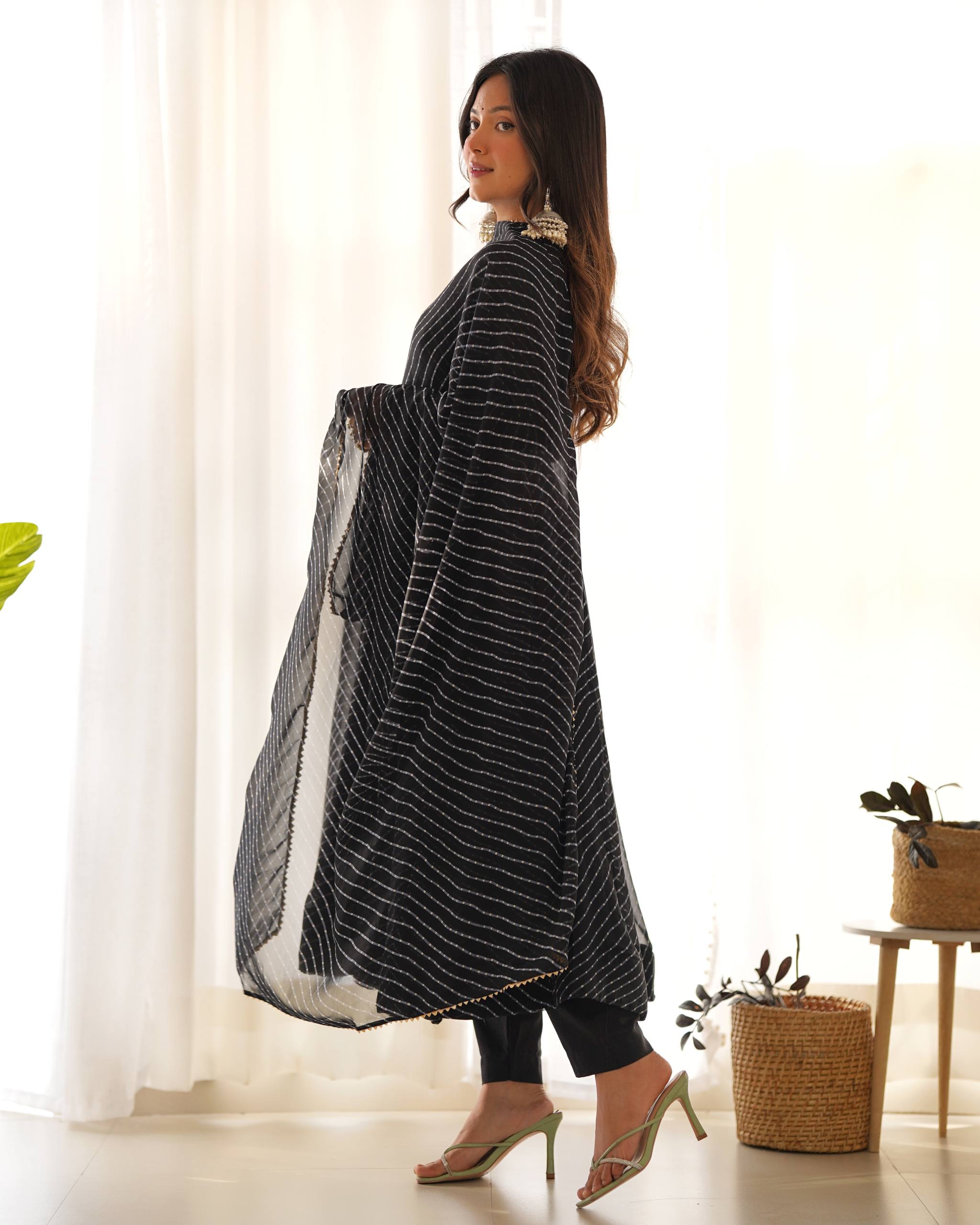 Laheriya Print Faux Georgette Anarkali Gown Set with Dupatta & Pant